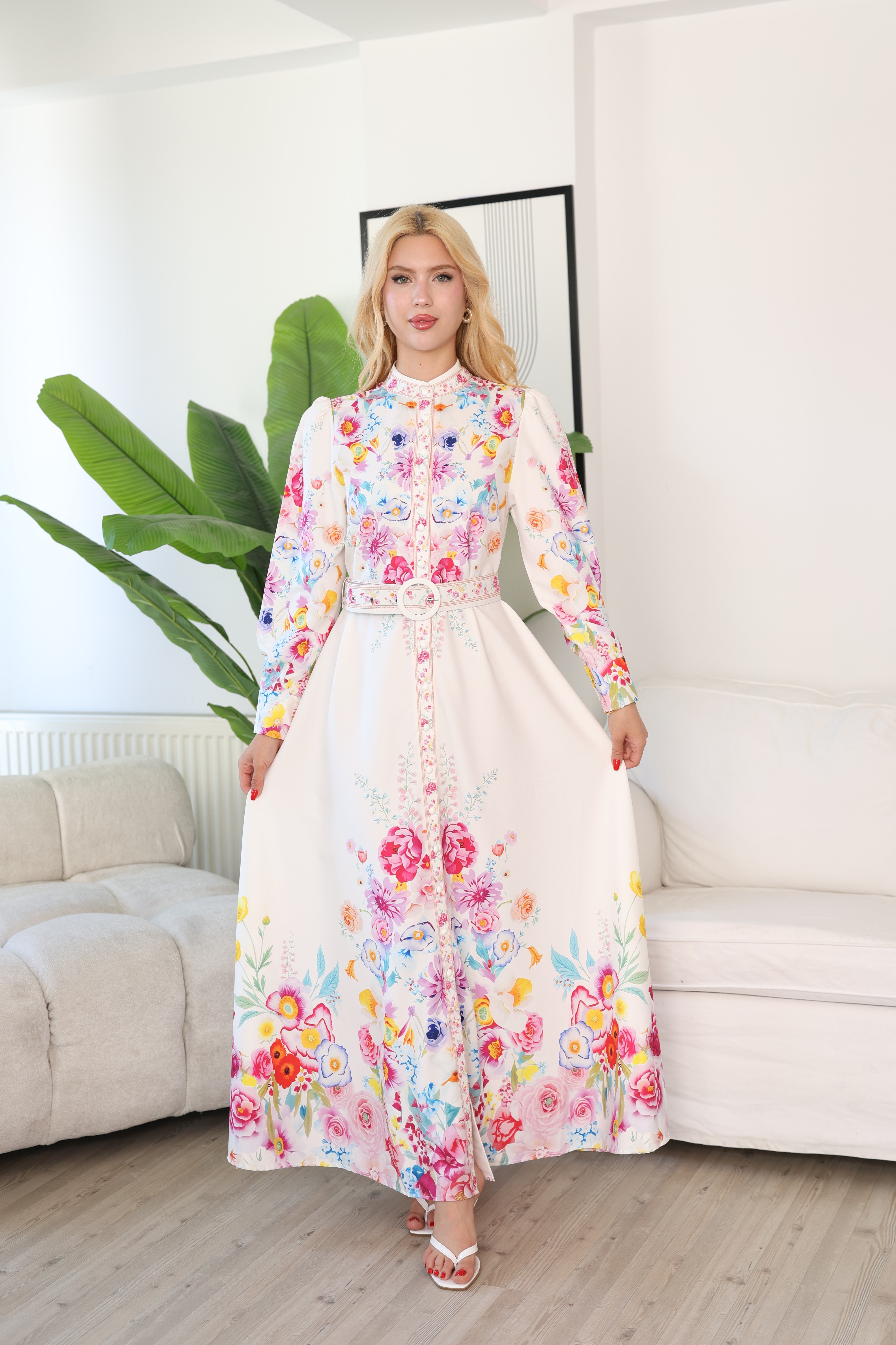 Dijital Baskı Çiçek Desen Kemerli Elbise Pembe