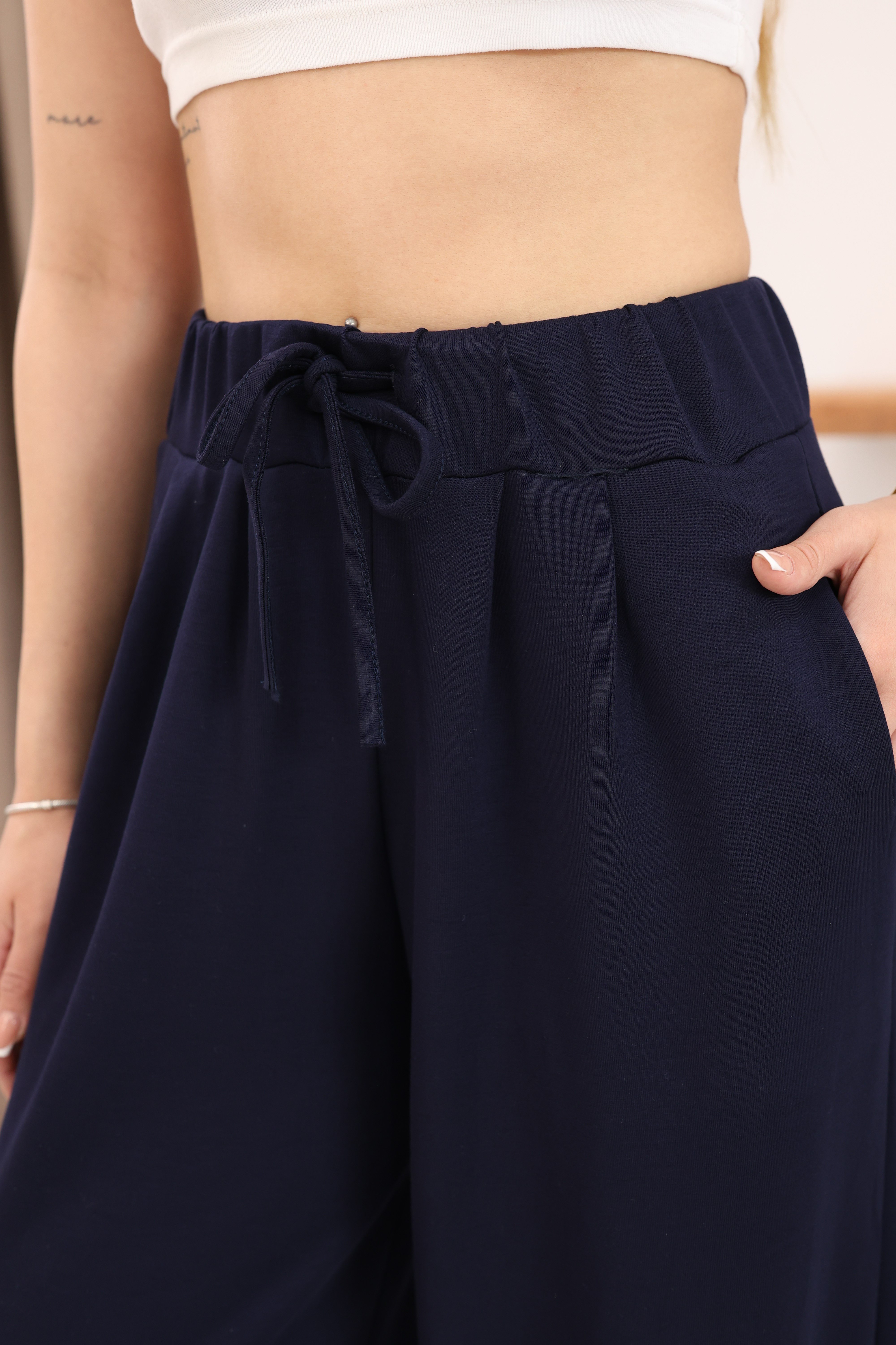 Modal Kumaş Beli Lastikli Şalvar Pantolon Lacivert Renk