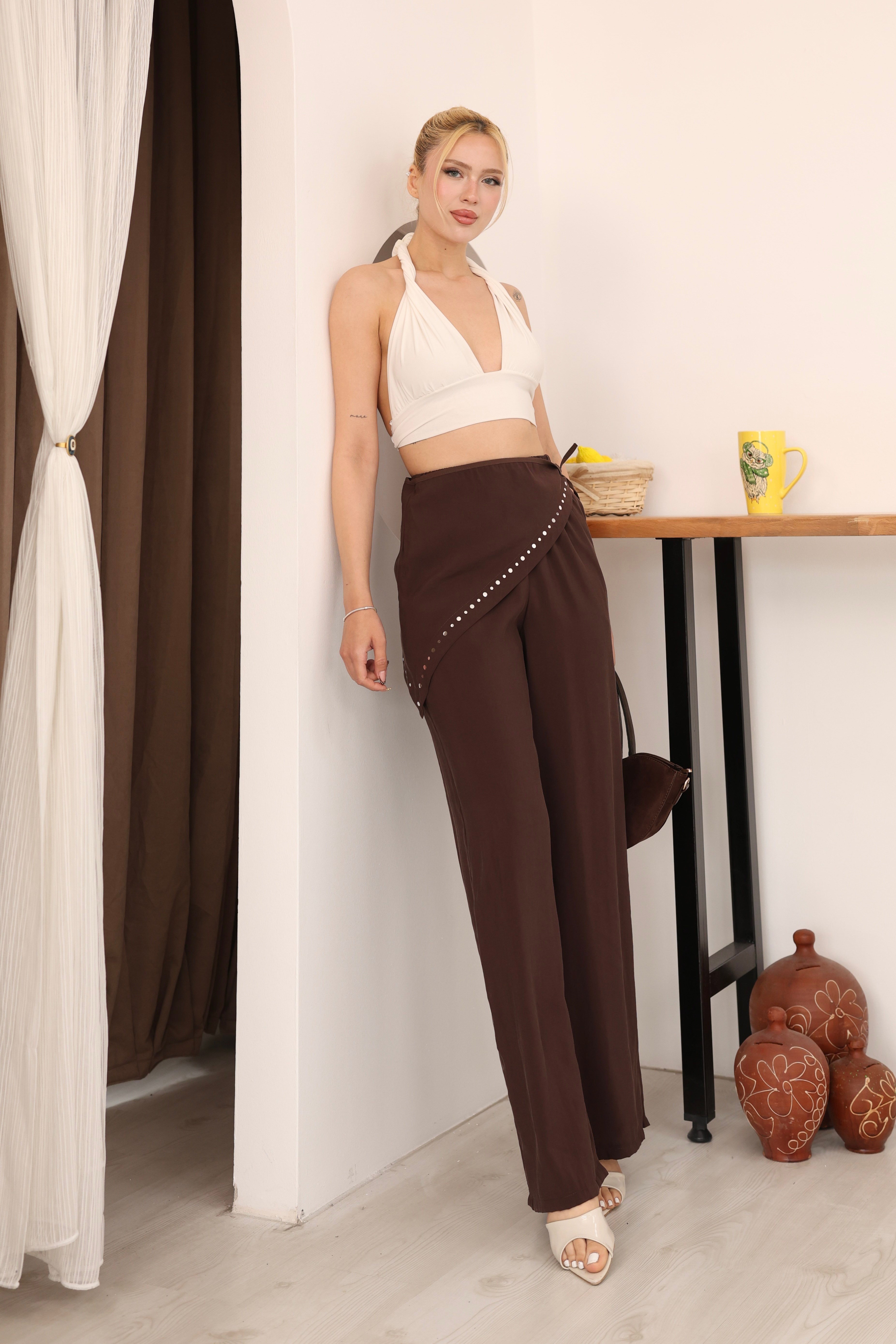 Pareo Bağlamalı Beli Lastikli Pantolon Kahve