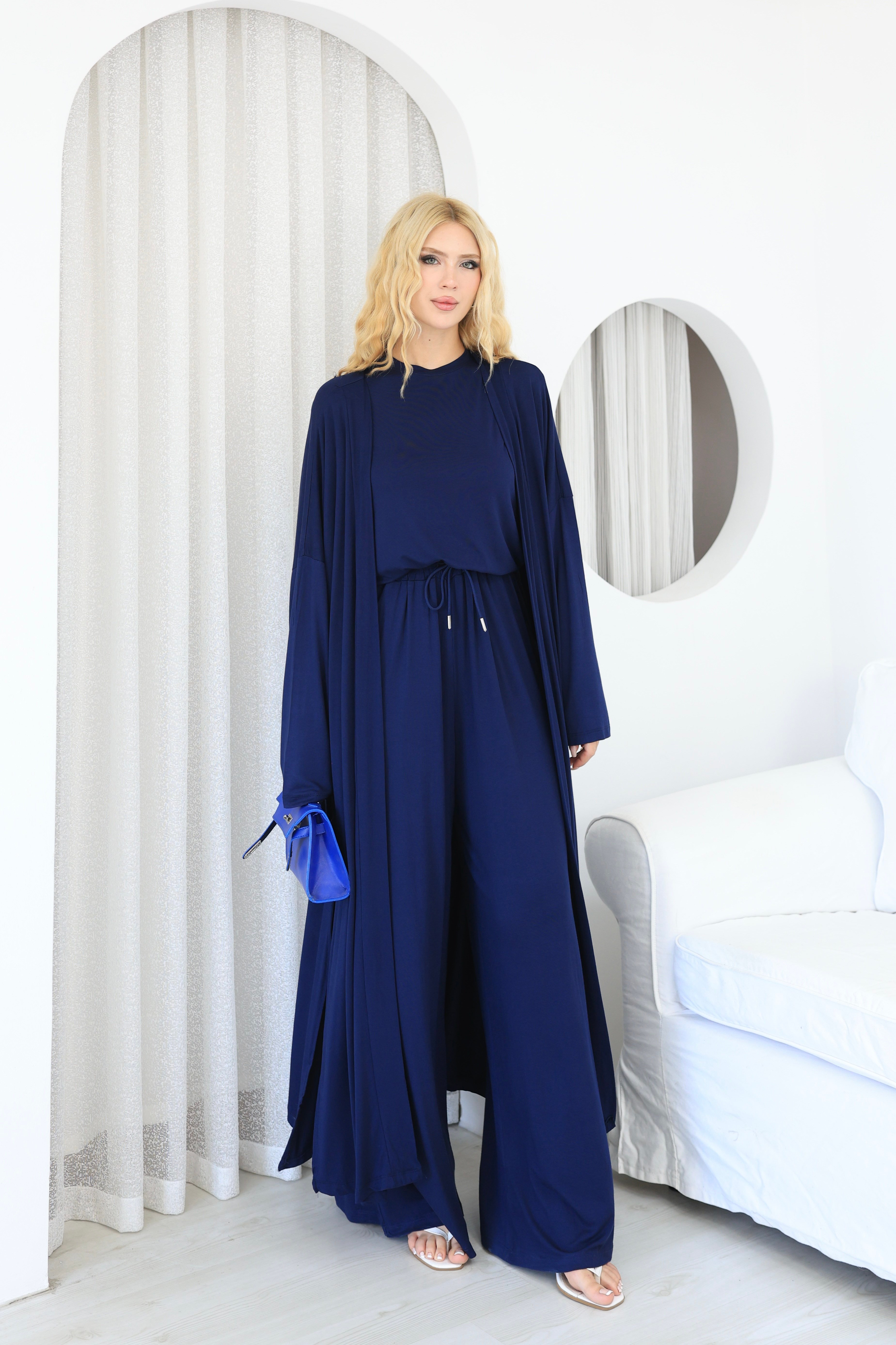 Üçlü Abaya Takım Lacivert