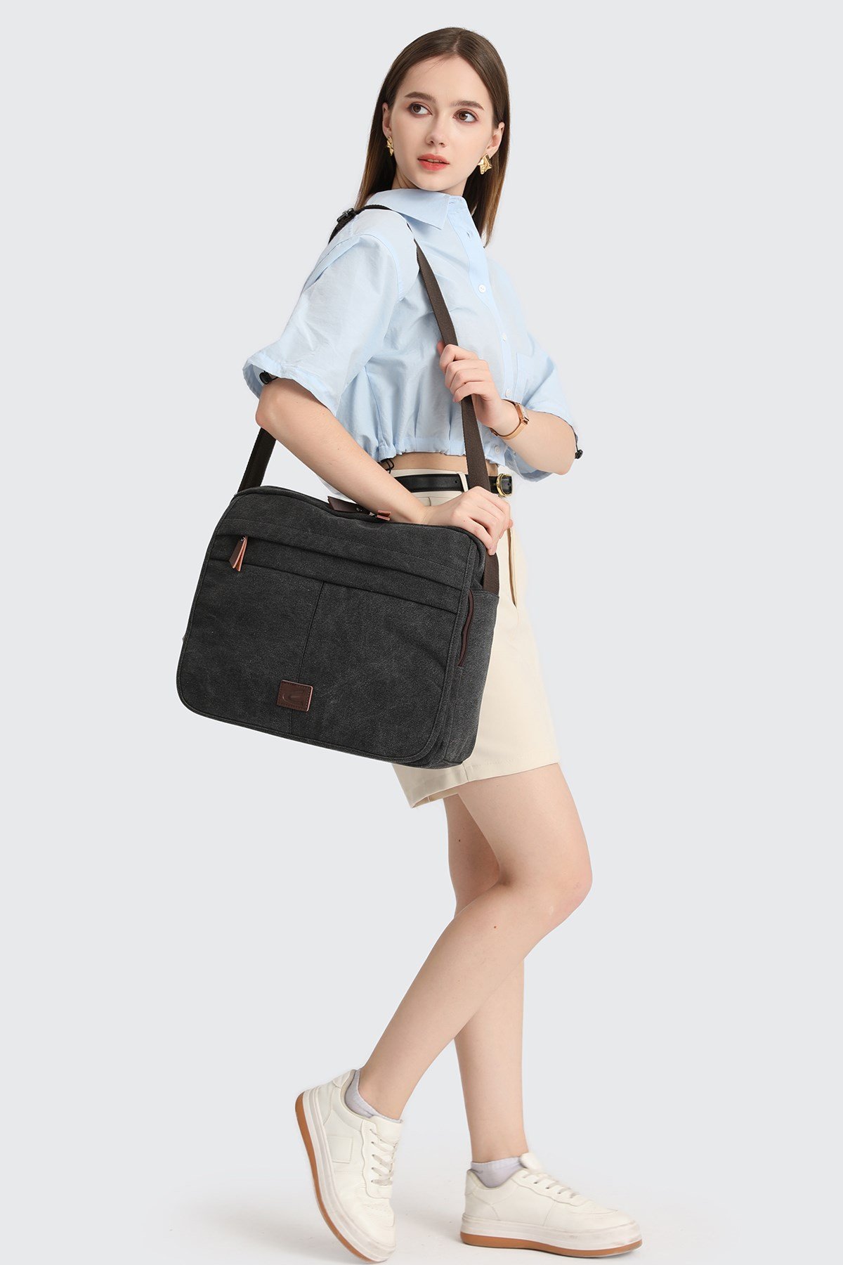 Cactive Kanvas Su Geçirmez Kumaş Uzun Askılı Laptop Bölmeli Unisex Postacı Çantası Siyah