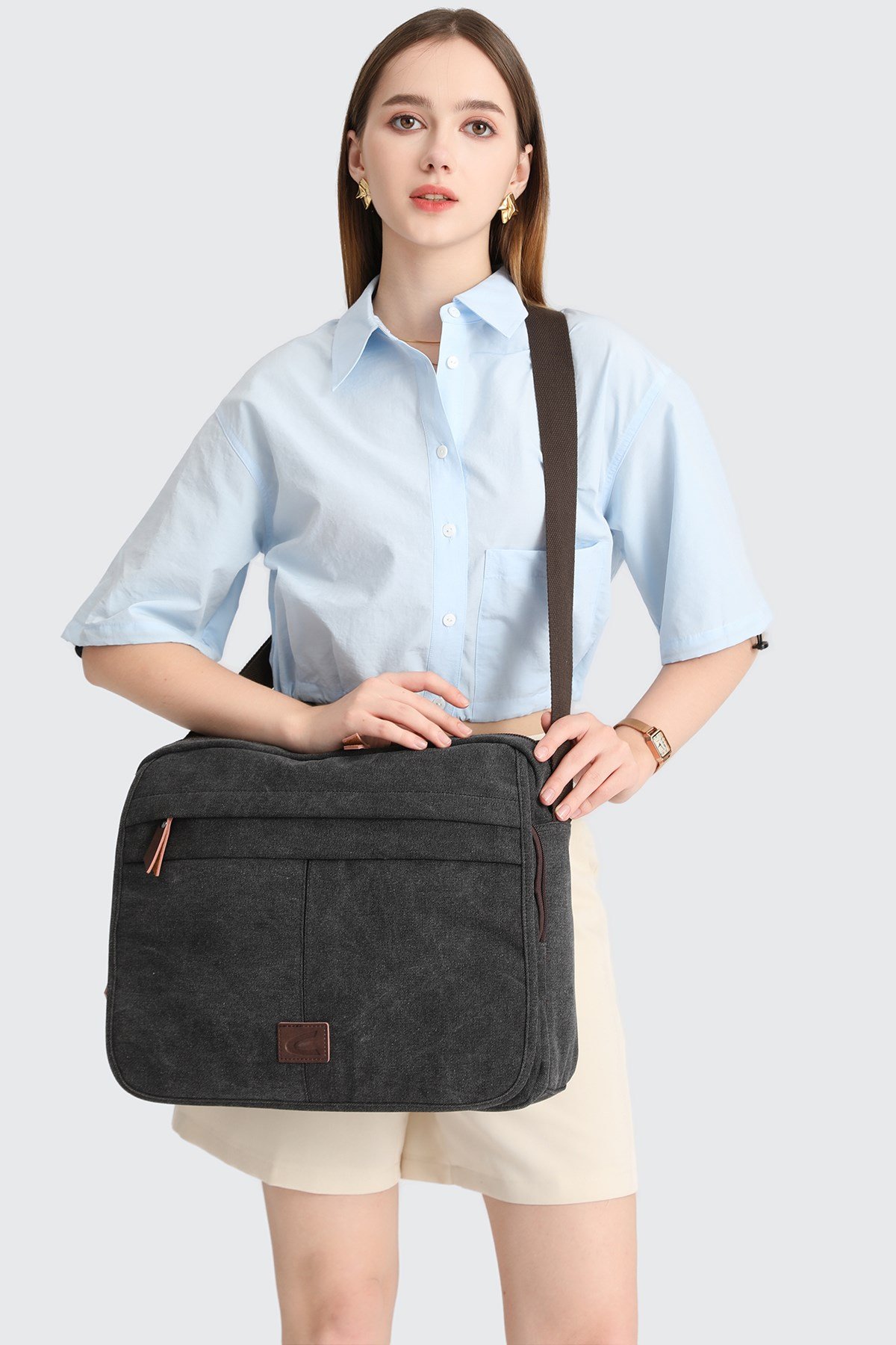 Cactive Kanvas Su Geçirmez Kumaş Uzun Askılı Laptop Bölmeli Unisex Postacı Çantası Siyah