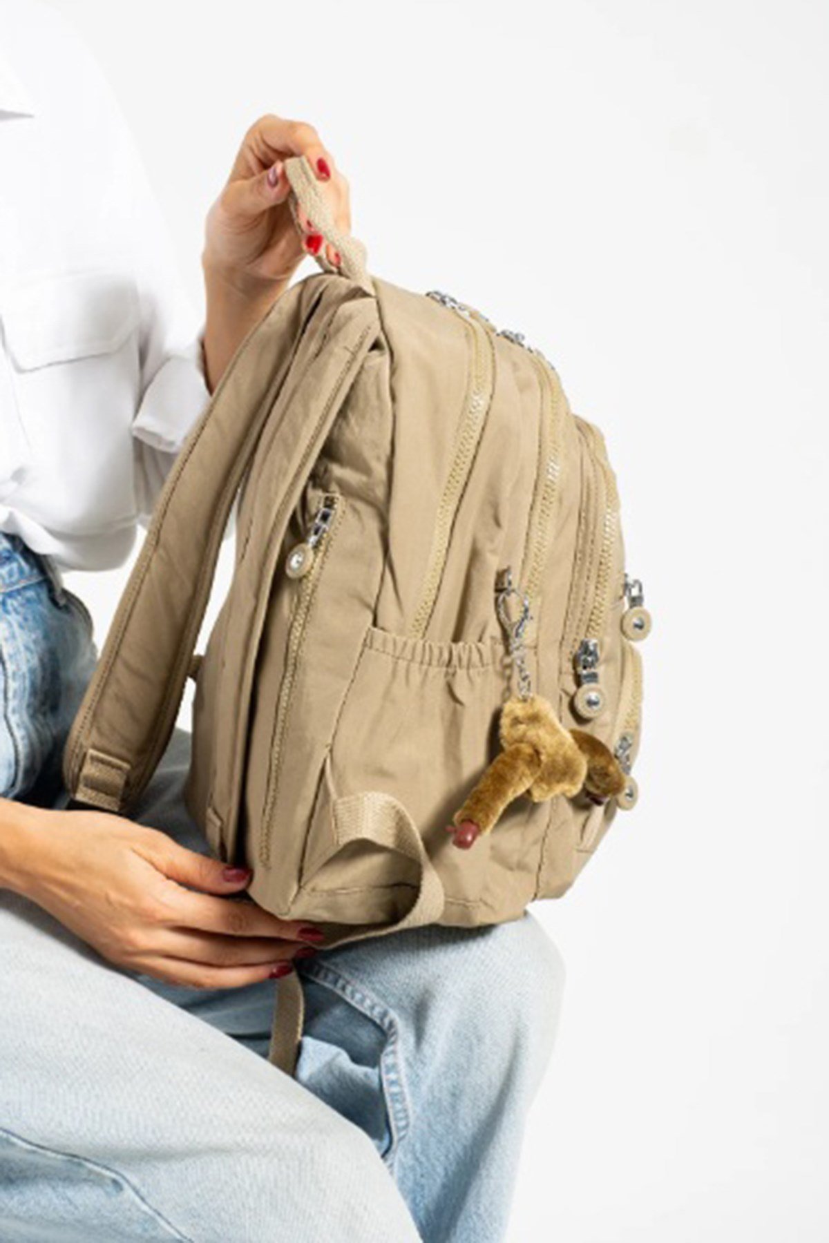 Çok Cepli Kadın Sırt Çantası Orta Boy Günlük HV3004 Koyu Bej