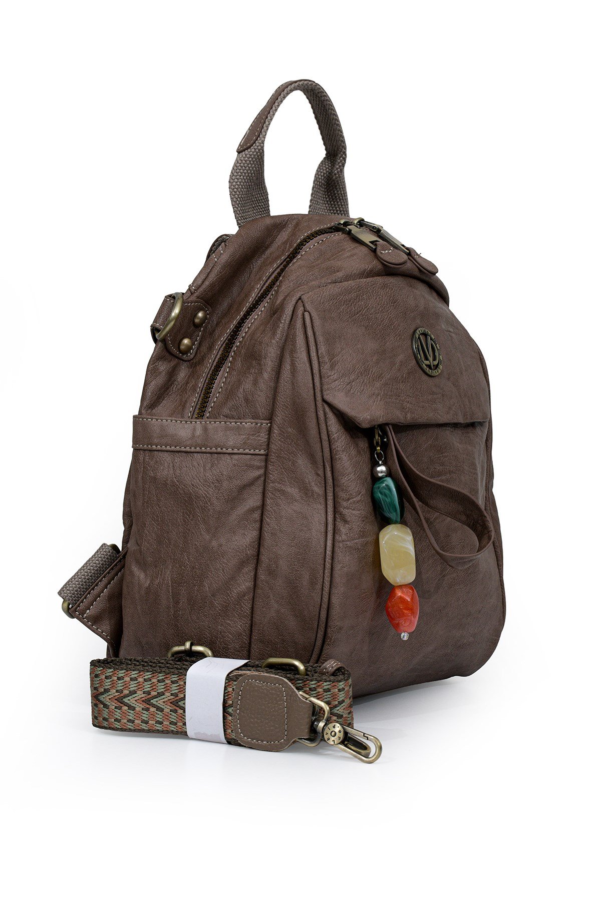 Etnik Askı ve Taş Charm Detaylı Orta Boy Günlük Kadın Omuz ve Sırt Çantası 930380 Camel