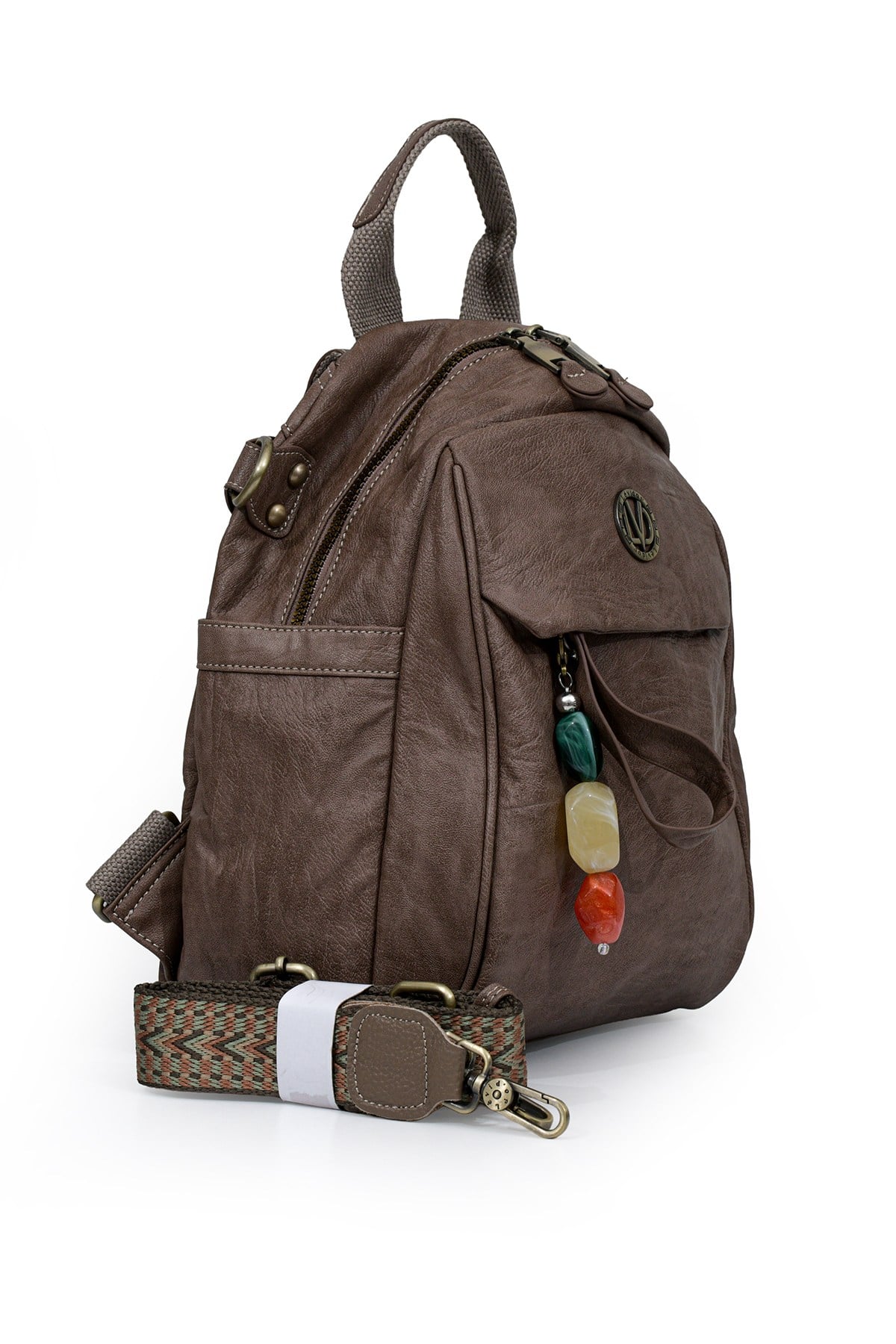 Etnik Askı ve Taş Charm Detaylı Orta Boy Günlük Kadın Omuz ve Sırt Çantası 930380 Camel