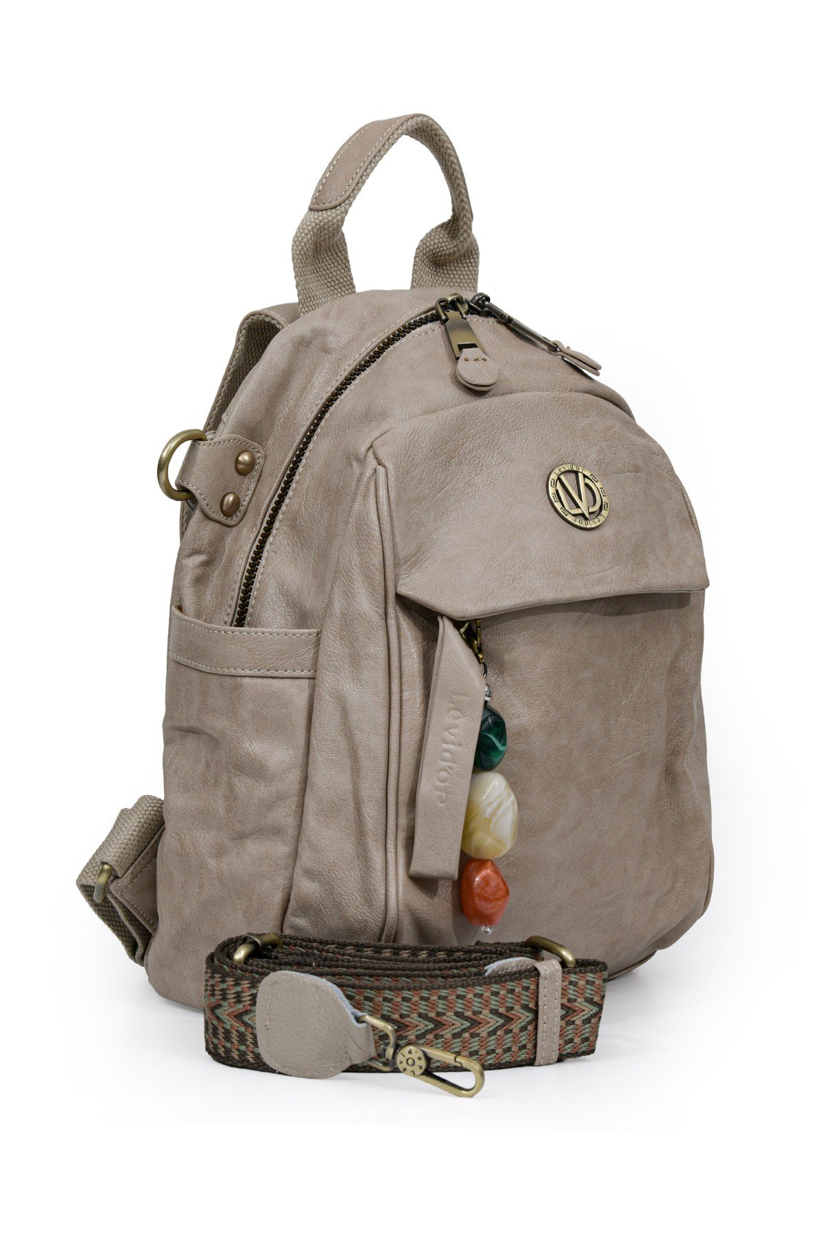 Etnik Askı ve Taş Charm Detaylı Orta Boy Günlük Kadın Omuz ve Sırt Çantası 930380 Vizon