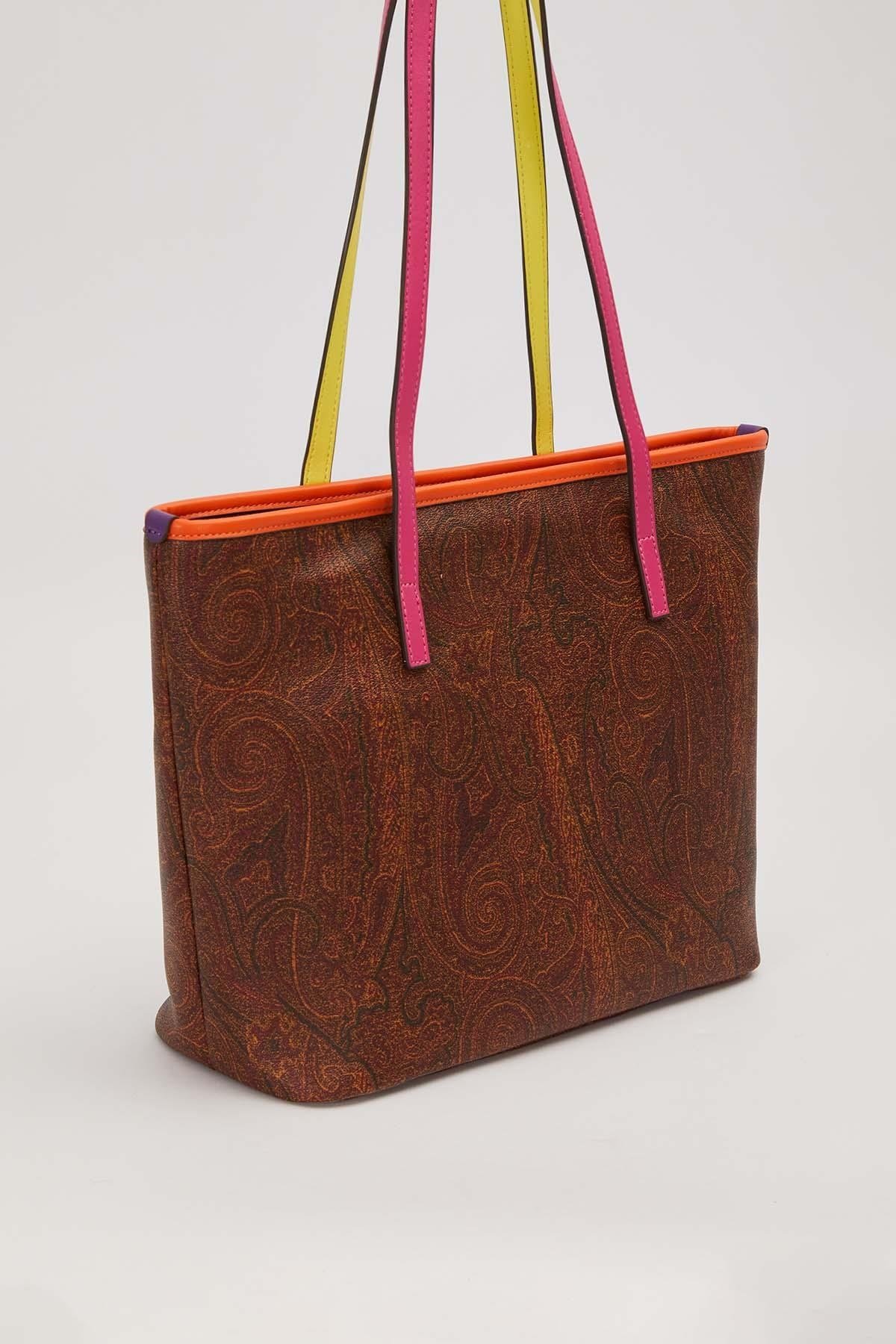 Etnik Desenli Renkli Shopper Tasarım Kadın Omuz Çantası Koyu Kahve