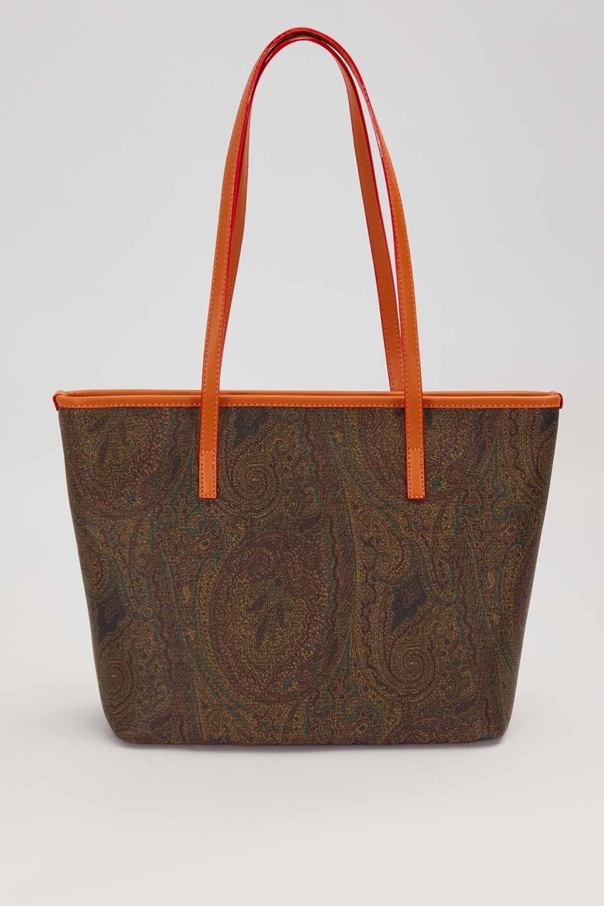 Etnik Desenli Renkli Shopper Tasarım Kadın Omuz Çantası Kahve
