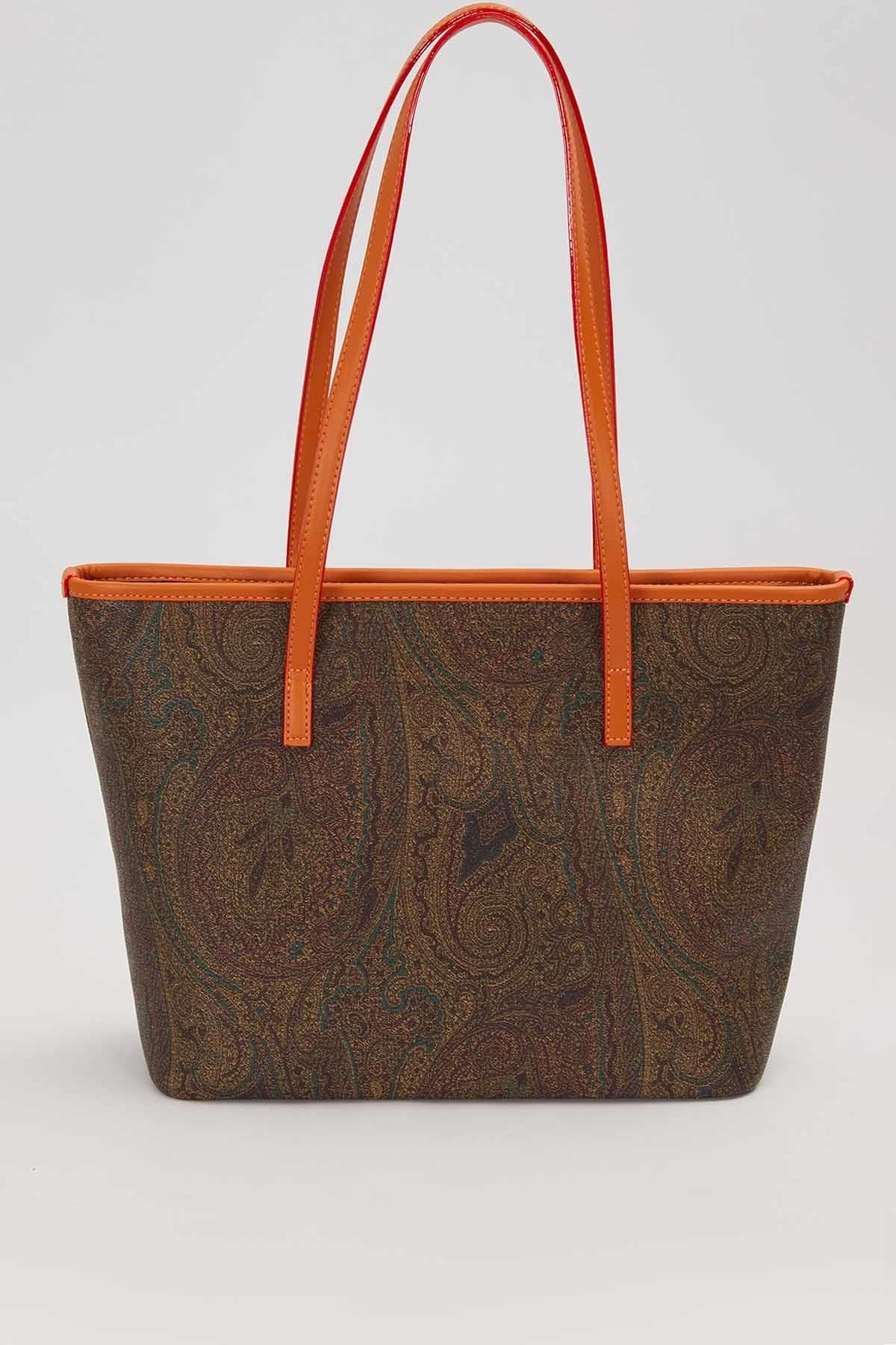 Etnik Desenli Renkli Shopper Tasarım Kadın Omuz Çantası Kahve