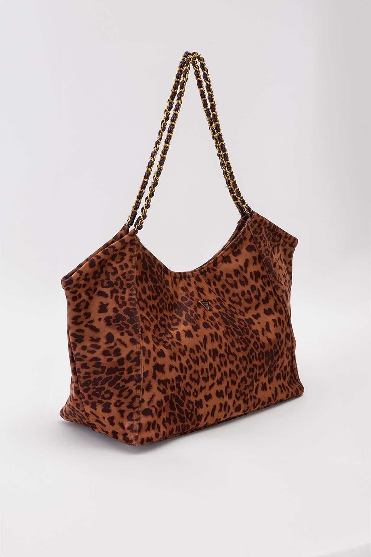 Extra Büyük Boy Örgü Zincir Askılı Shopper Tasarım Soft Süet Kadın Omuz Çantası Leopar