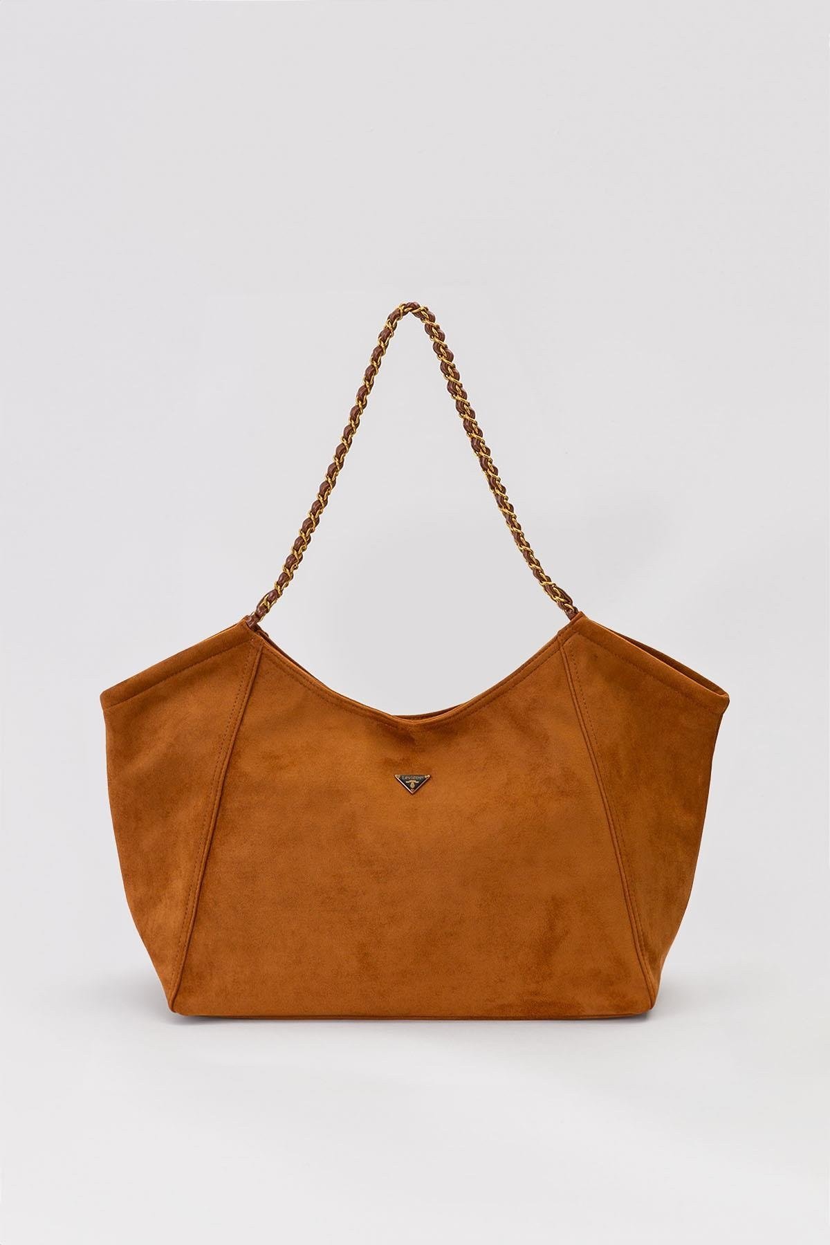 Extra Büyük Boy Örgü Zincir Askılı Shopper Tasarım Soft Süet Kadın Omuz Çantası Taba