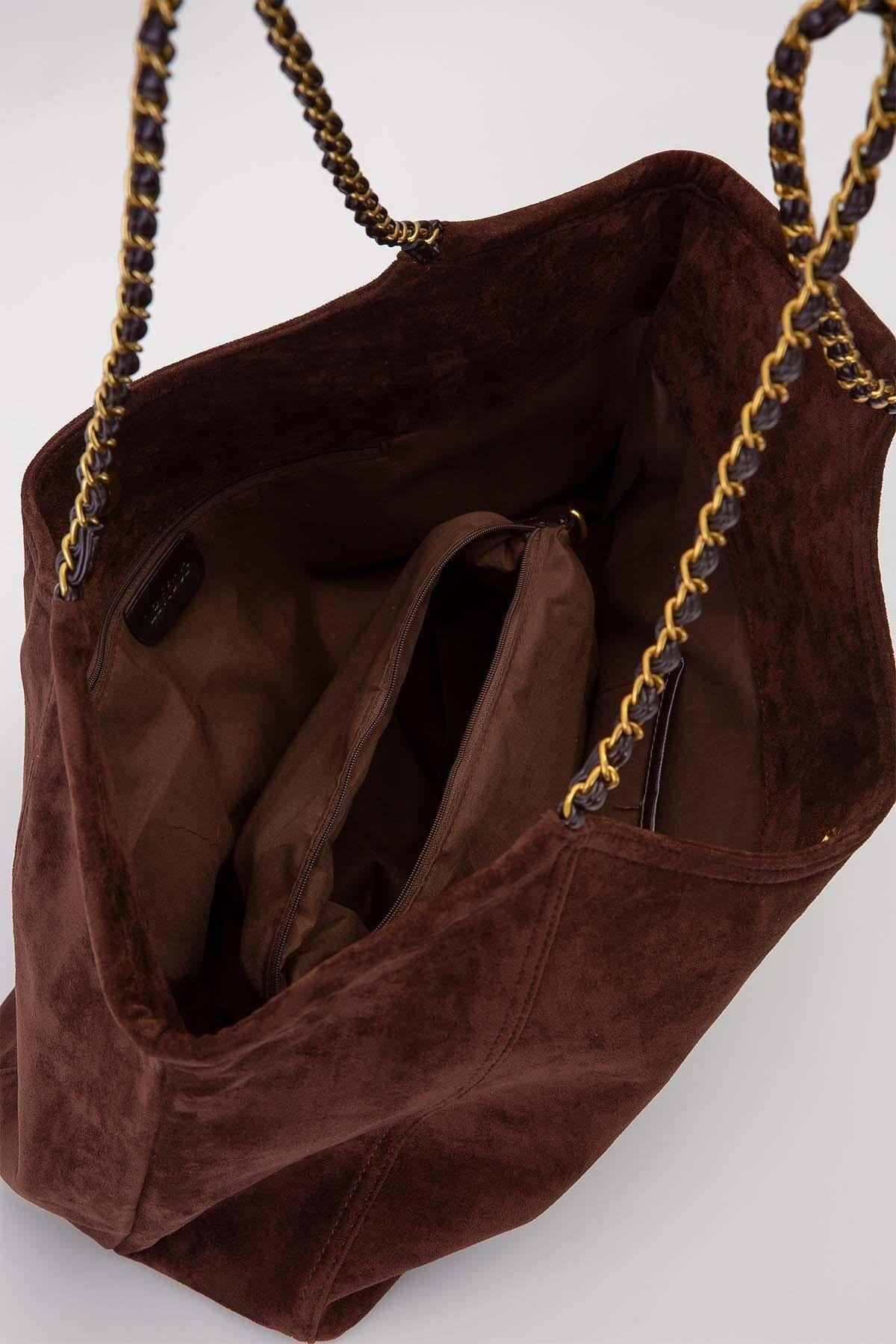 Extra Büyük Boy Örgü Zincir Askılı Shopper Tasarım Soft Süet Kadın Omuz Çantası Acı Kahve
