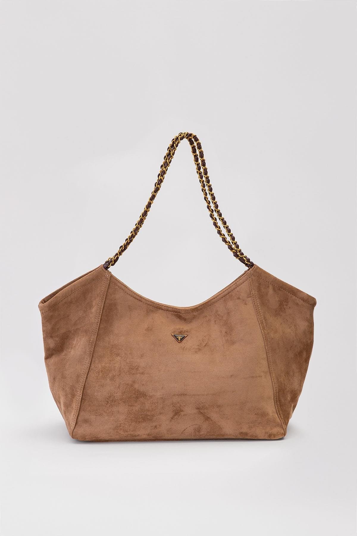 Extra Büyük Boy Örgü Zincir Askılı Shopper Tasarım Soft Süet Kadın Omuz Çantası Bej