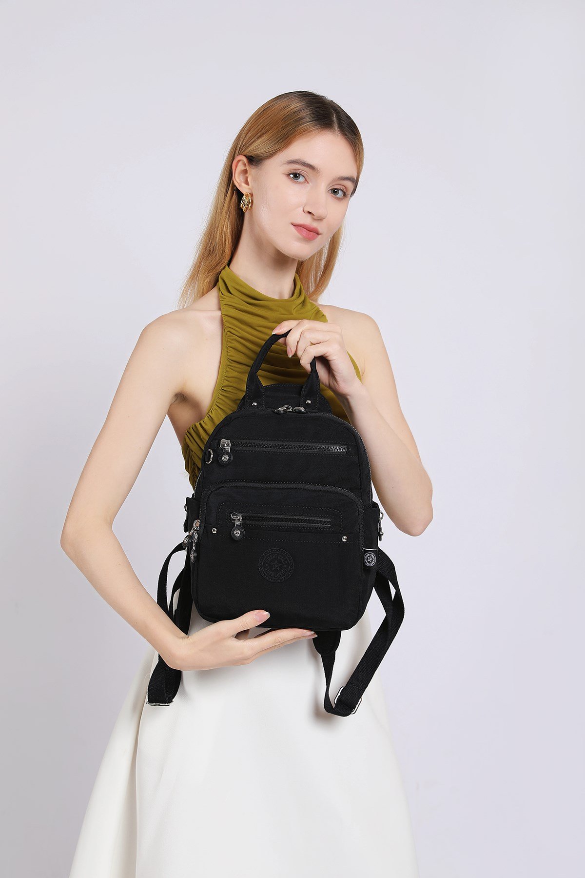 Günlük Küçük Boy Su Geçirmez Krınkıl Kumaş Kadın Sırt Çantası Siyah