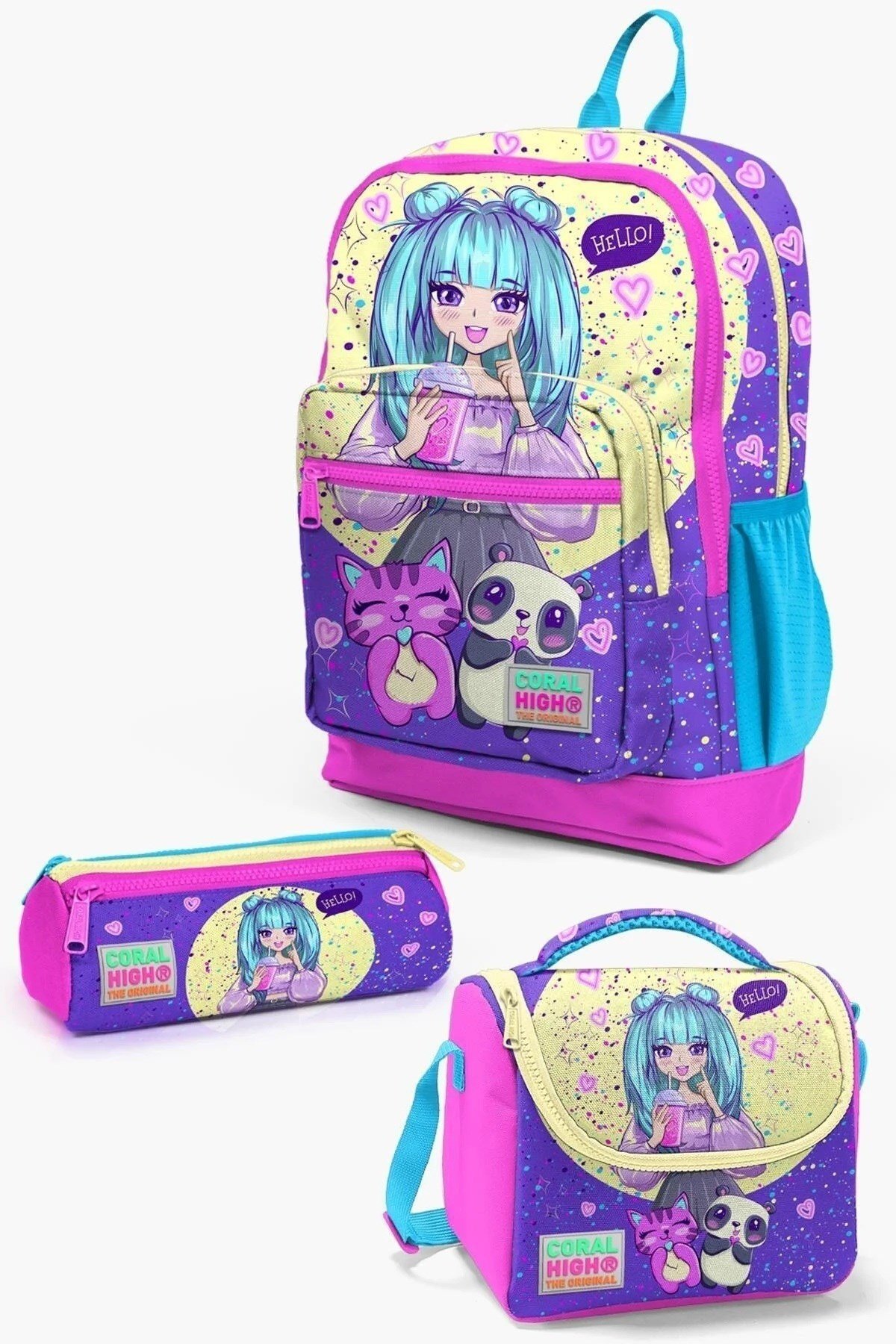 Kids Mor Pembe Anime Kız Desenli 3’lü Okul Çanta Seti SET0123735
