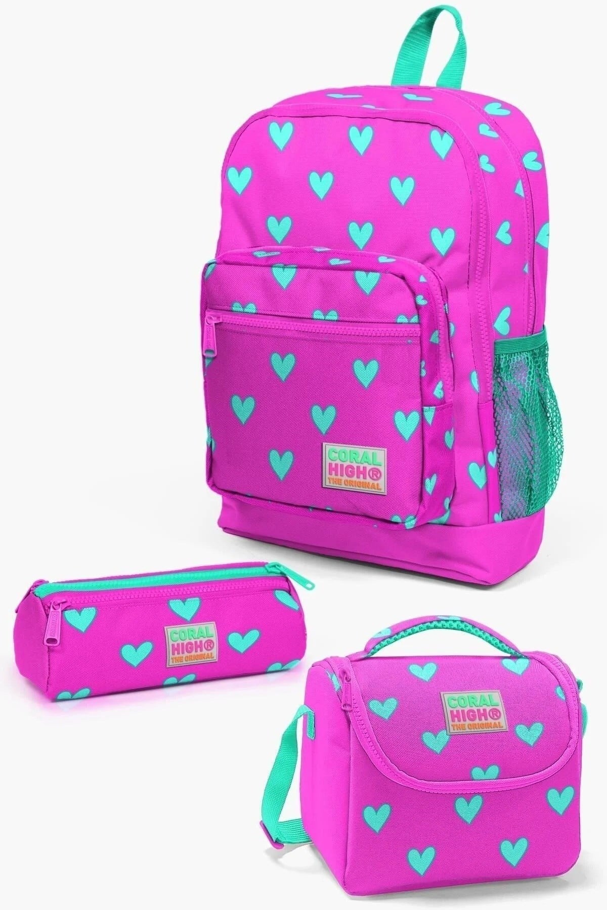 Kids Neon Pembe Su Yeşili Kalp Desenli 3’lü Okul Çanta Seti SET0123113