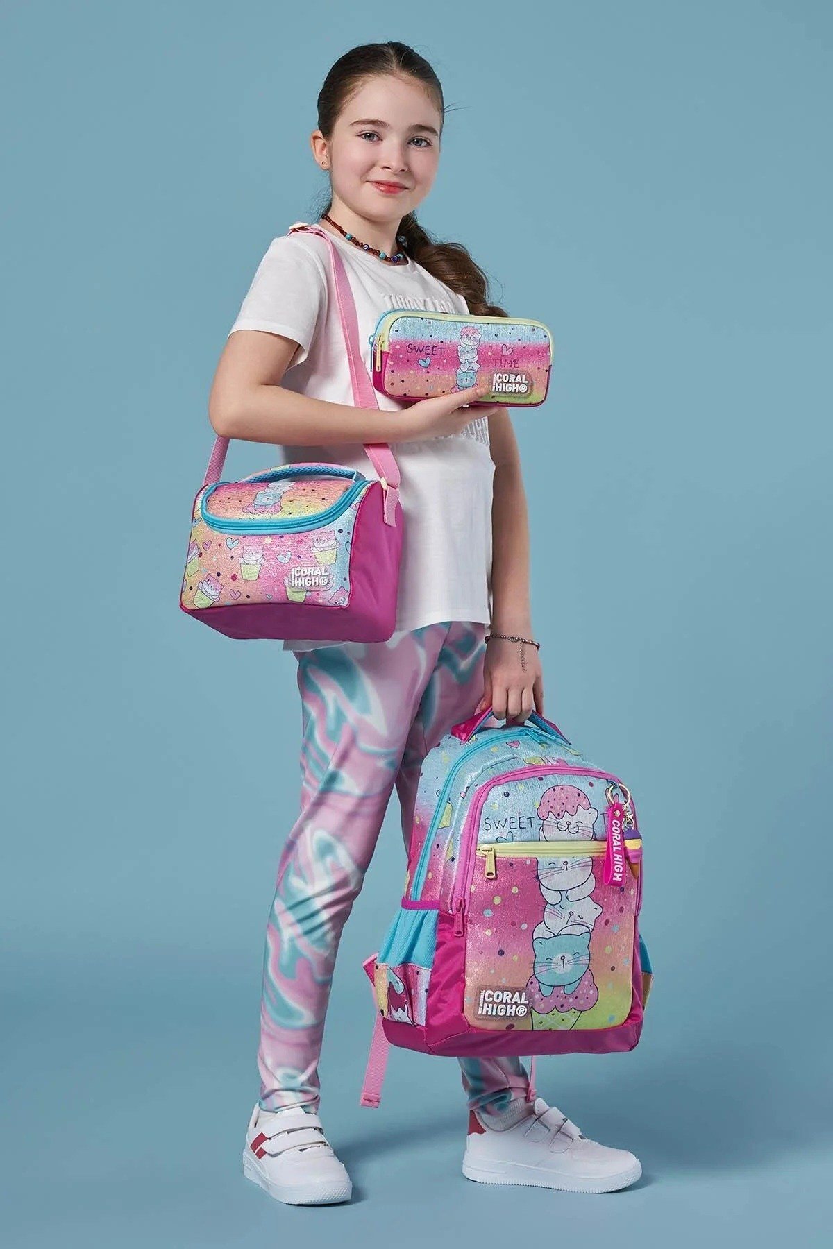 Kids Renkli Dondurmalı Kedi Desenli 3’lü Okul Çanta Seti SET0123648