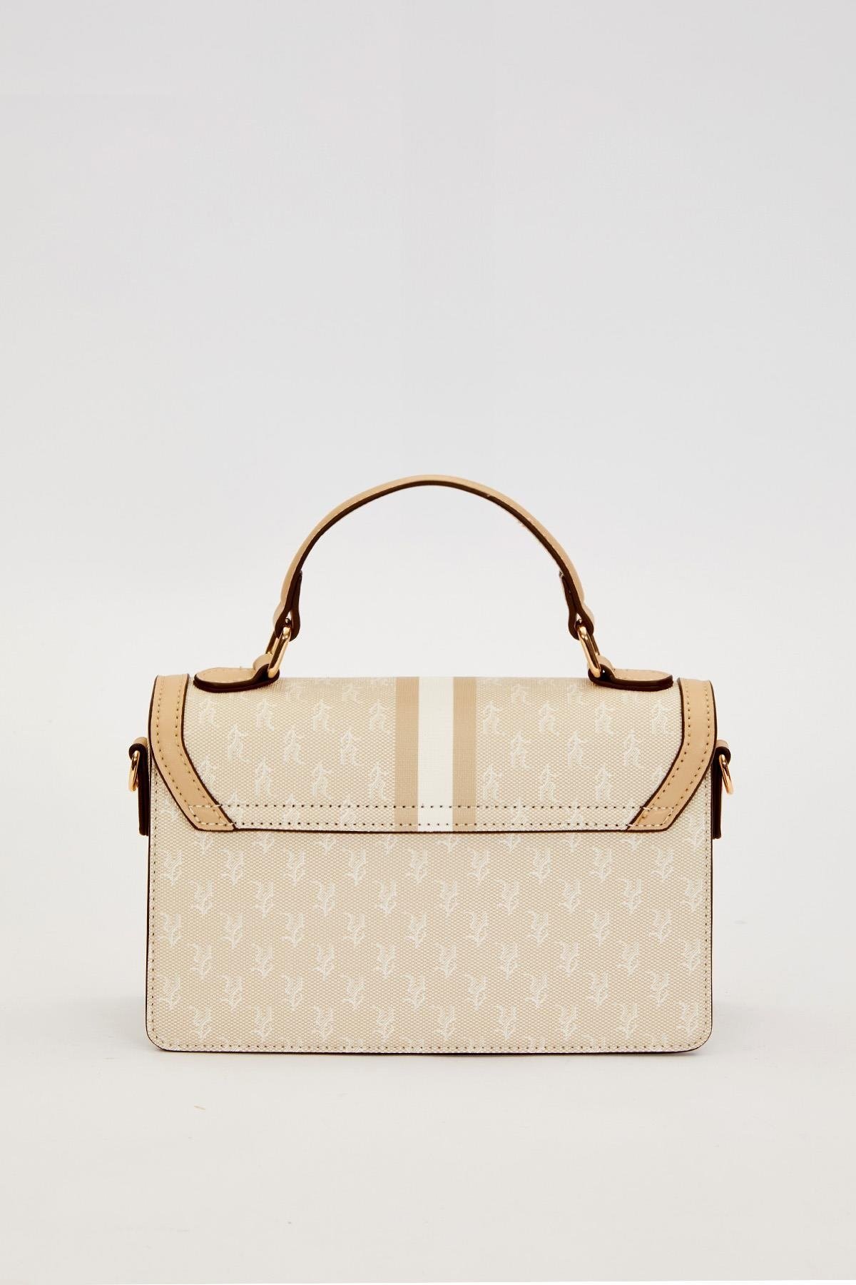 Krem Logolu Monogram Desen El Çantası