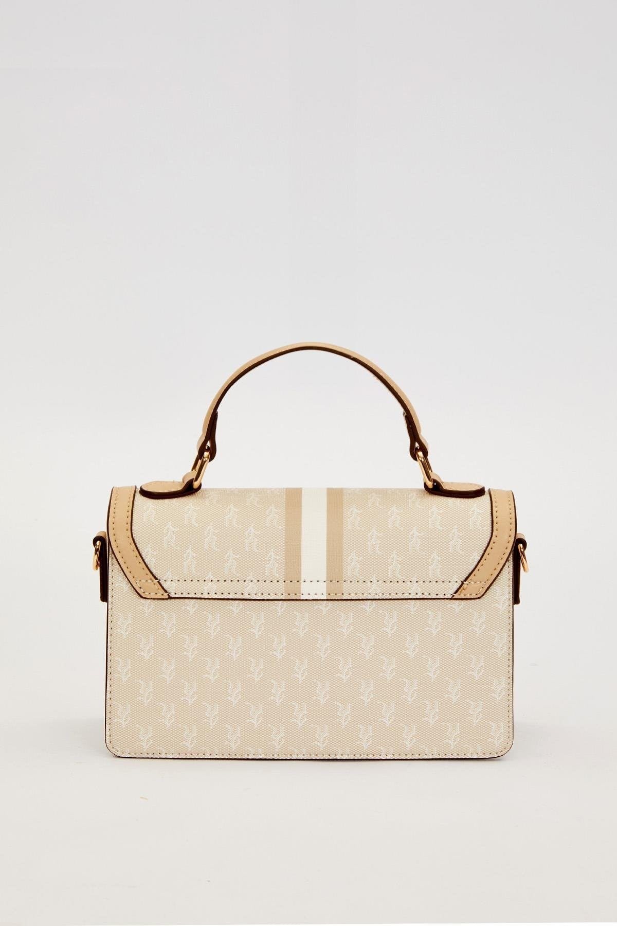 Krem Logolu Monogram Desen El Çantası