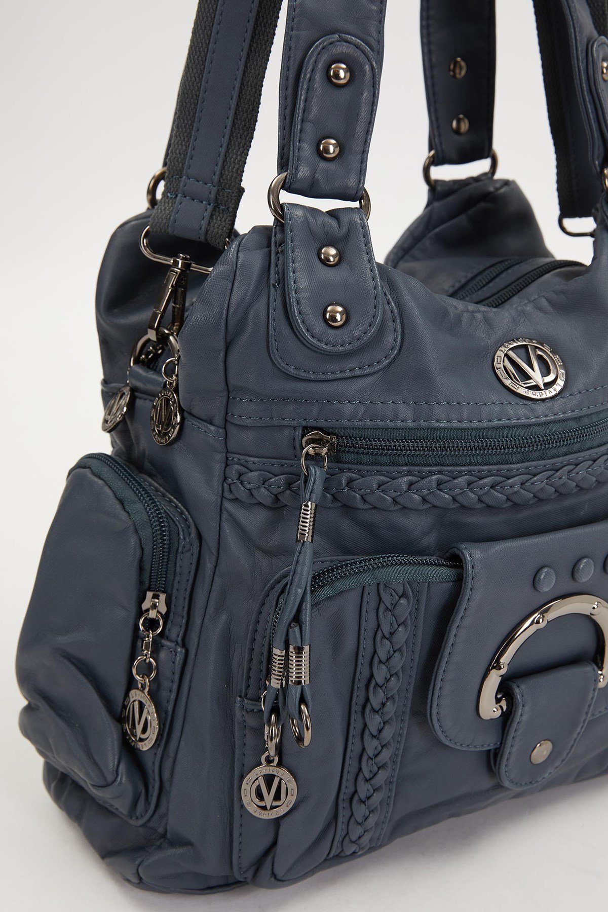 Mavi Örgü Detaylı Omuz Çantası
