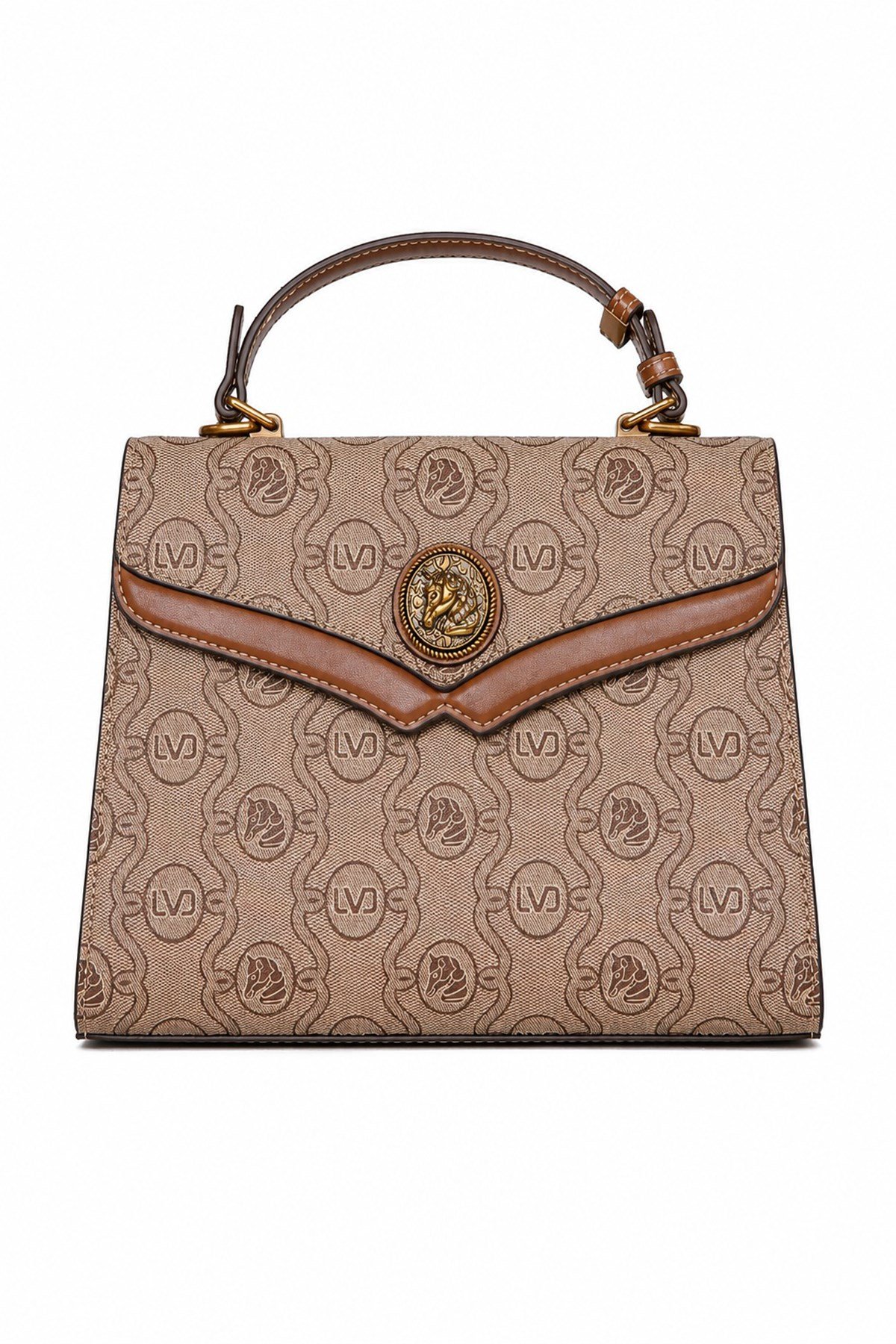 Monogram Baskılı Logo Detaylı Uzun Askılı Orta Boy Kadın El Çantası Camel