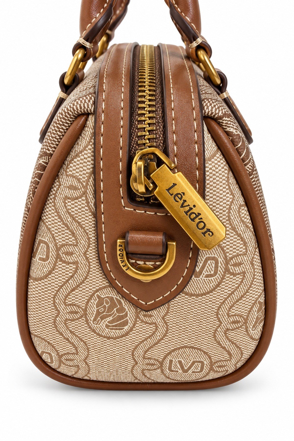 Monogram Desenli Speedy Tasarım Mini Boy Uzun Askılı Kadın El Çantası Camel