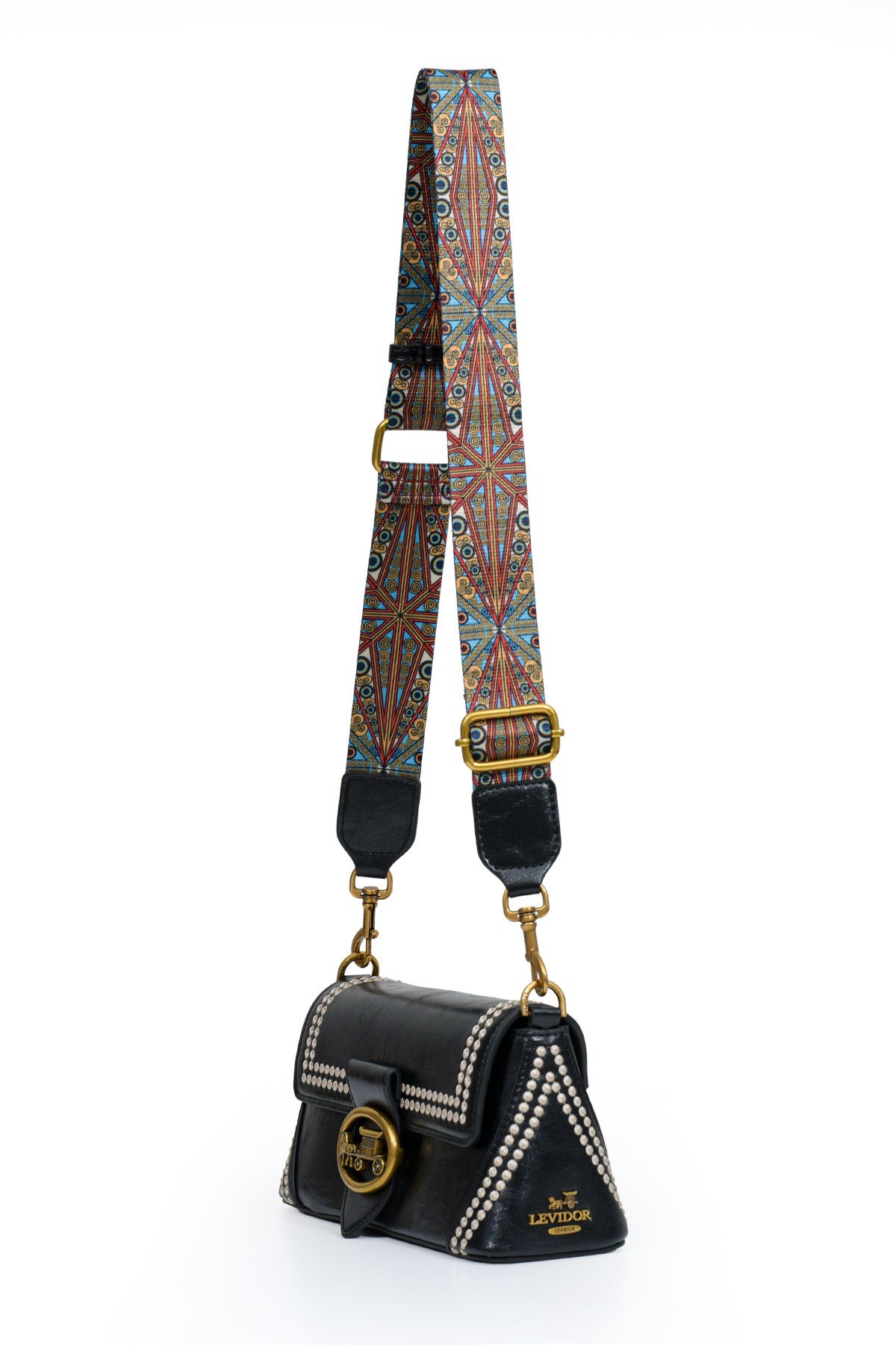 Otantik Fayton Metal Logo ve Etnik Desen Detaylı Kadın Omuz Çantası LV930575 Siyah