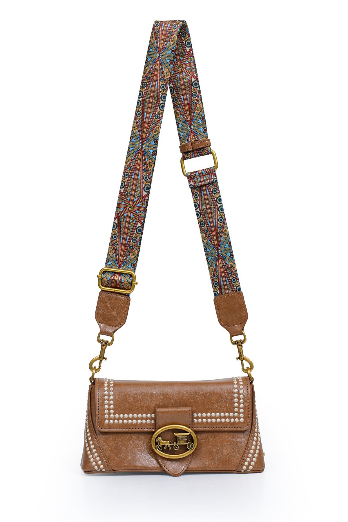 Otantik Fayton Metal Logo ve Etnik Desen Detaylı Kadın Omuz Çantası LV930575 Camel