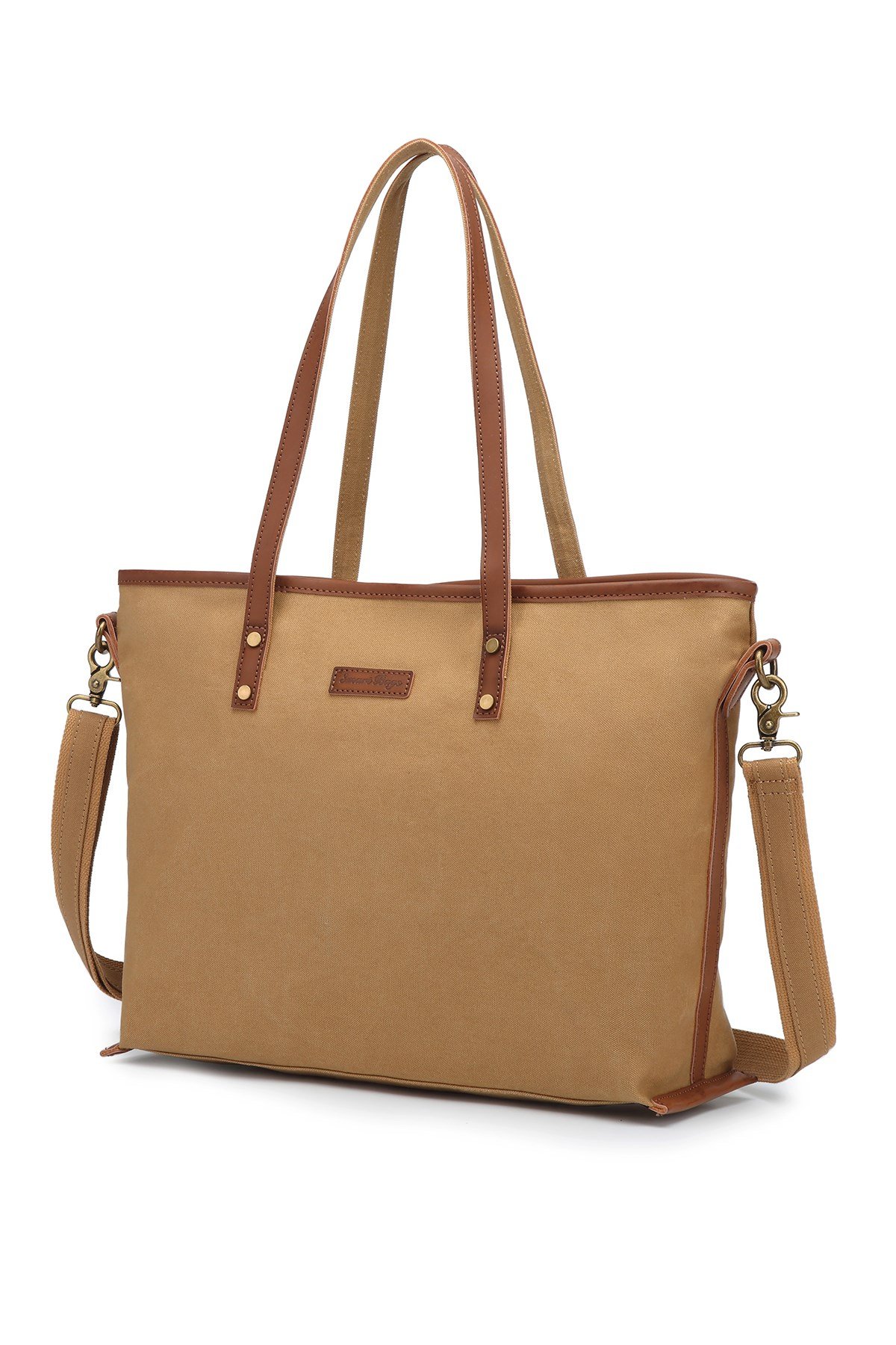 Smart Bags Camel Kadın Omuz Çantası Büyük Boy Kanvas Kumaş Hakiki Deri Detaylı