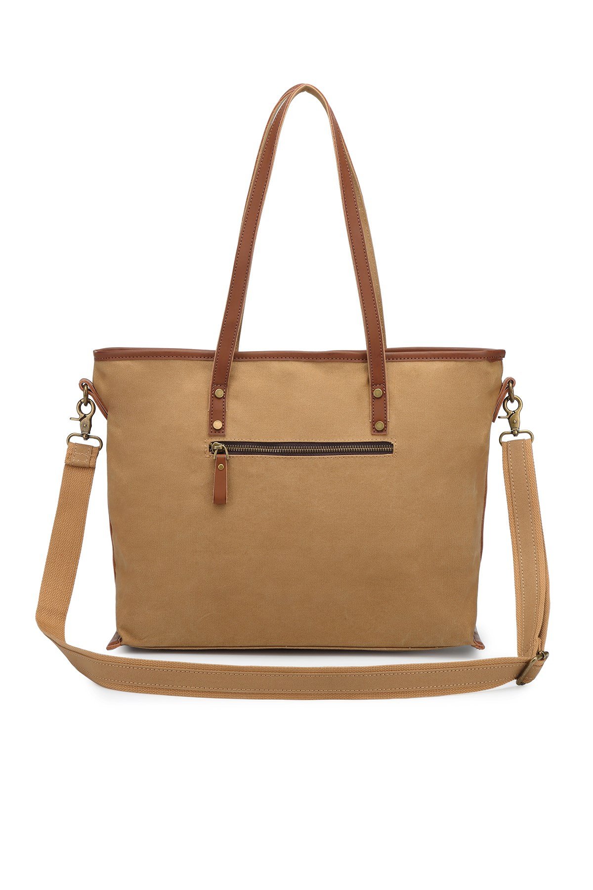 Smart Bags Camel Kadın Omuz Çantası Büyük Boy Kanvas Kumaş Hakiki Deri Detaylı