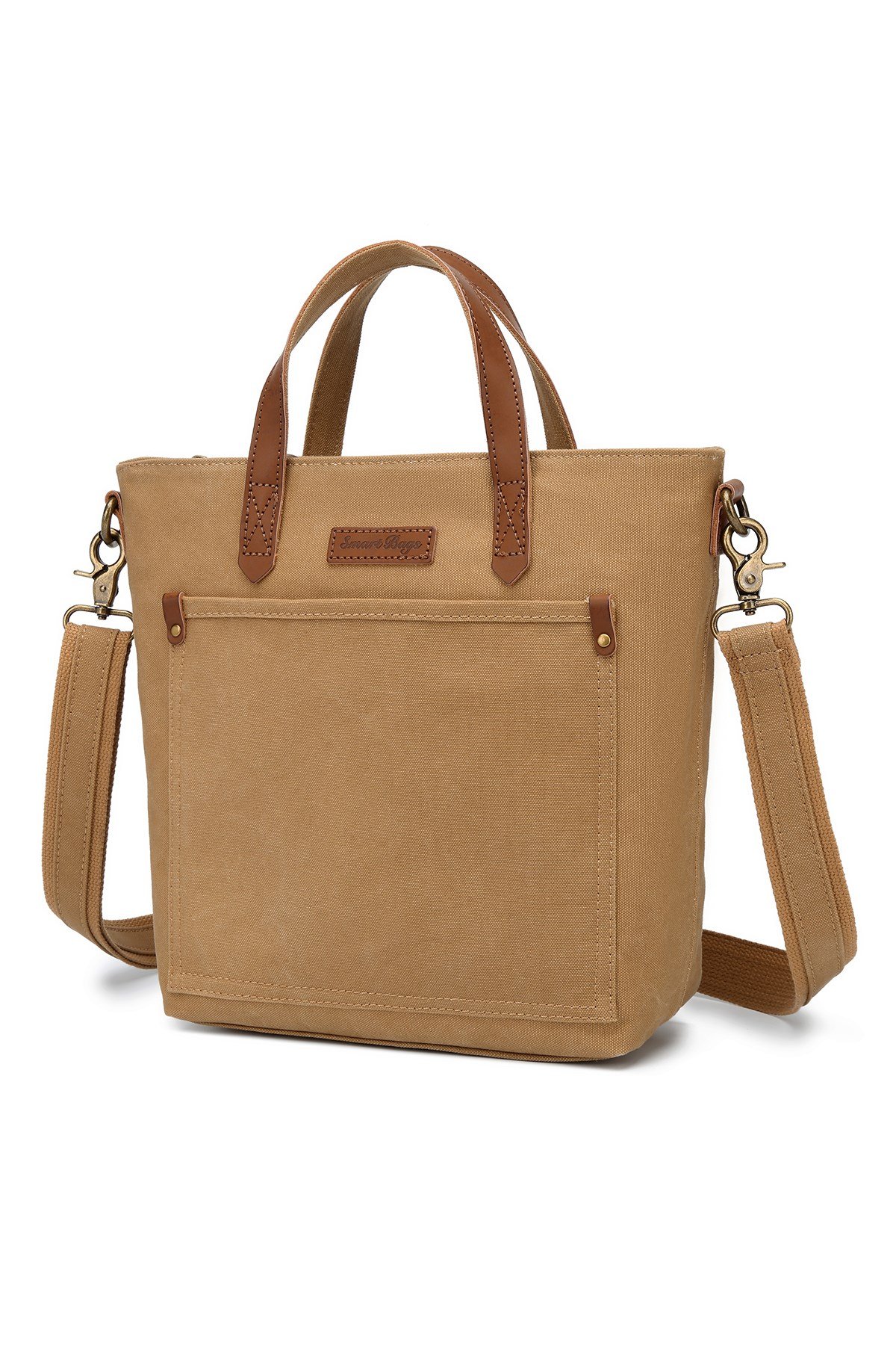 Smart Bags Camel Kadın Omuz Çantası Kanvas Kumaş Hakiki Deri Detaylı Uzun Askılı 