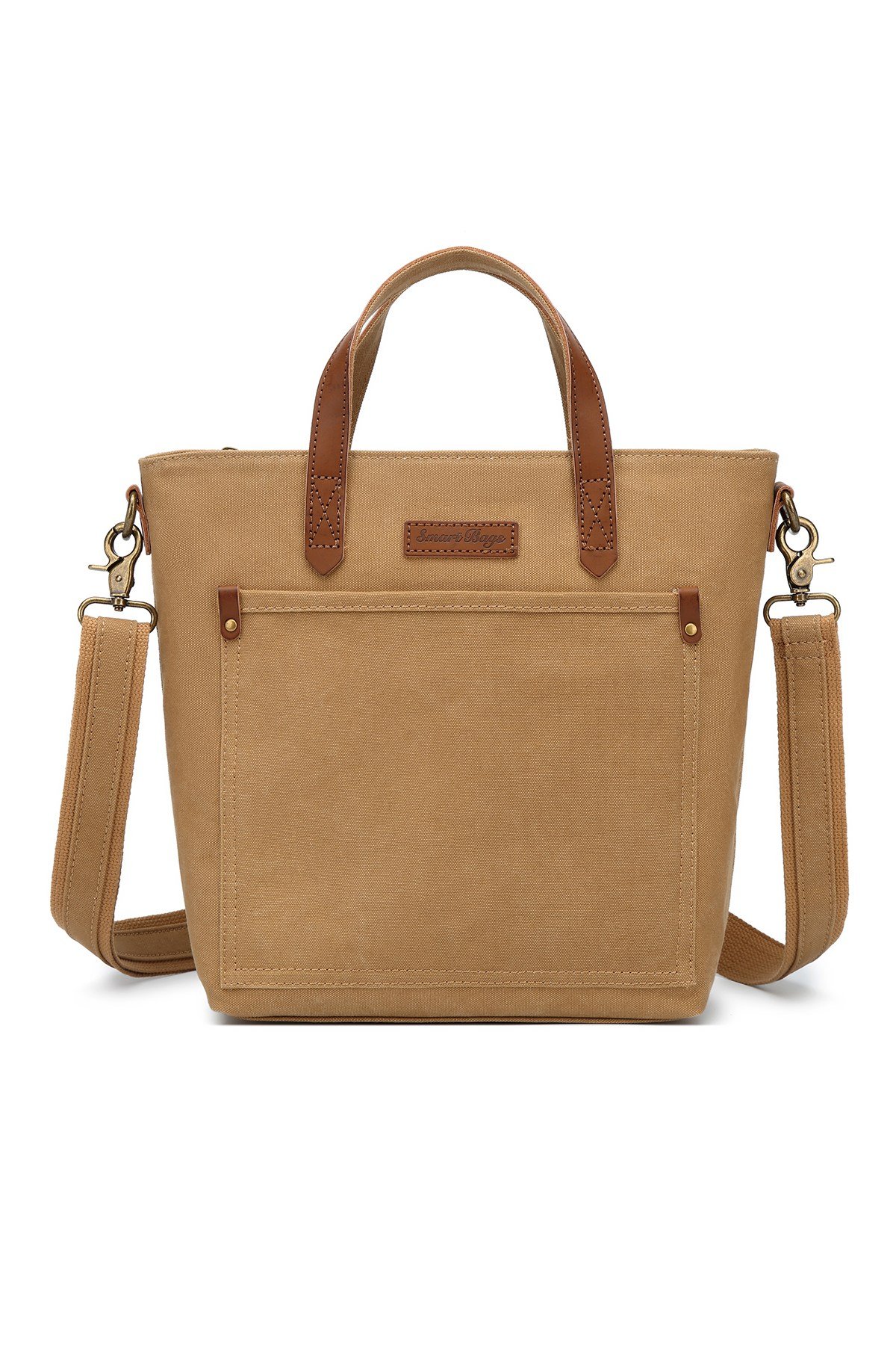 Smart Bags Camel Kadın Omuz Çantası Kanvas Kumaş Hakiki Deri Detaylı Uzun Askılı 