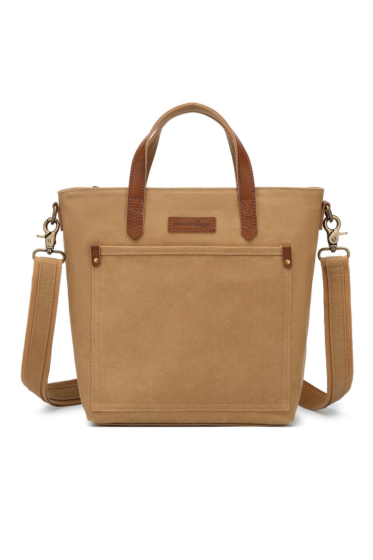 Smart Bags Camel Kadın Omuz Çantası Kanvas Kumaş Hakiki Deri Detaylı Uzun Askılı 