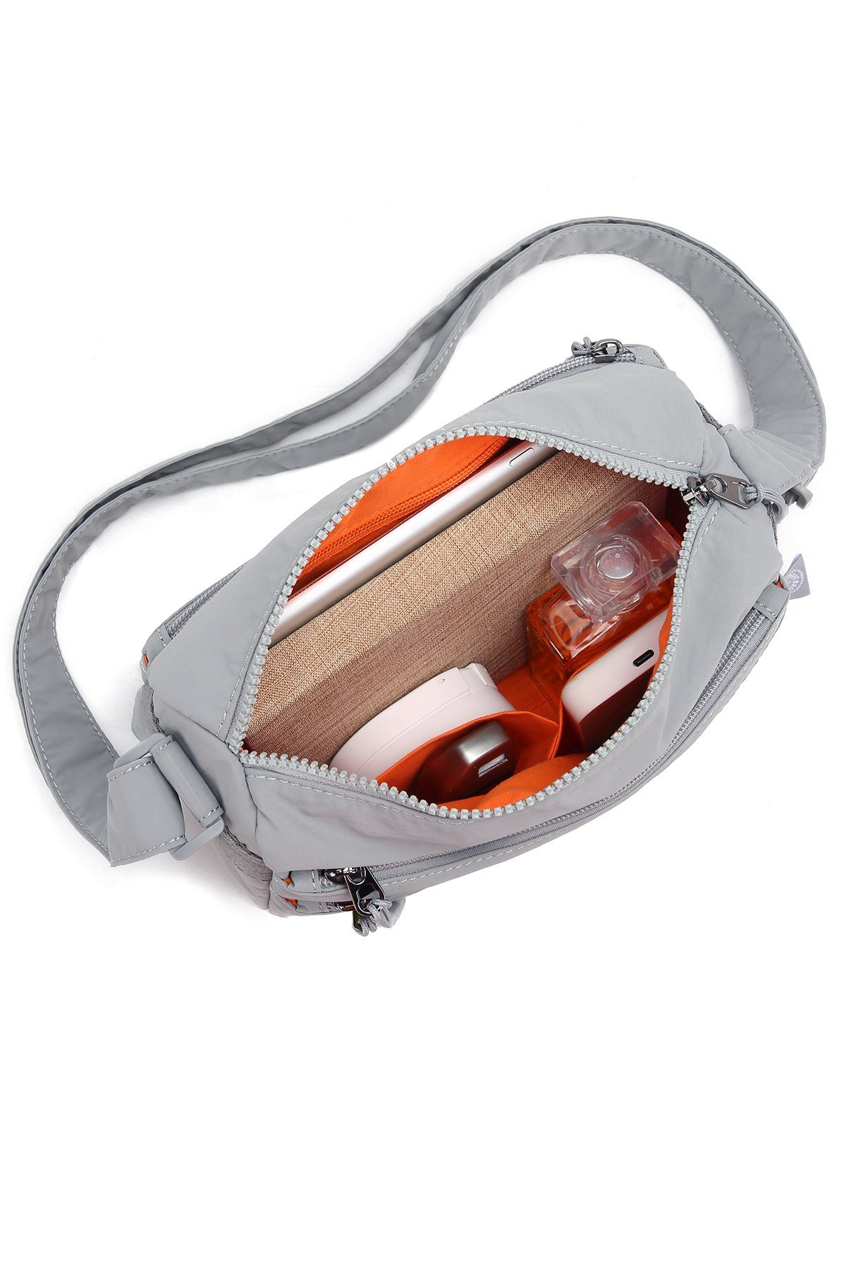 Smart Bags Gri Kadın Omuz Çantası Hafif Kumaş Çok Cepli Çapraz Uzun Askılı