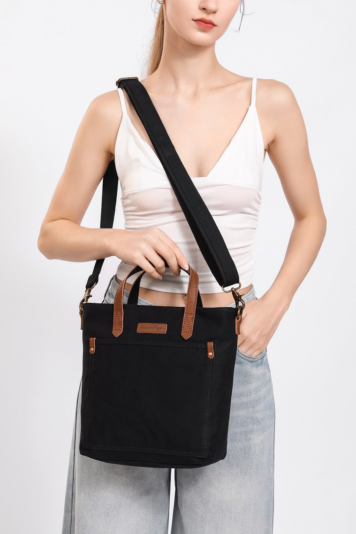 Smart Bags Haki Kadın Omuz Çantası Kanvas Kumaş Hakiki Deri Detaylı Uzun Askılı 