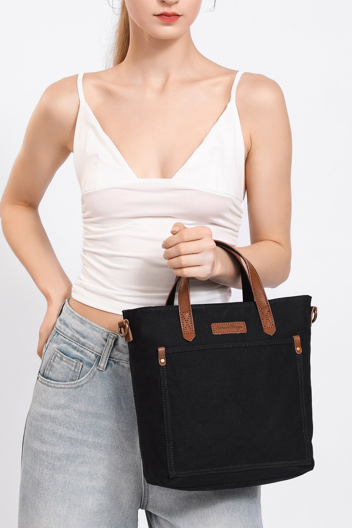 Smart Bags Haki Kadın Omuz Çantası Kanvas Kumaş Hakiki Deri Detaylı Uzun Askılı 