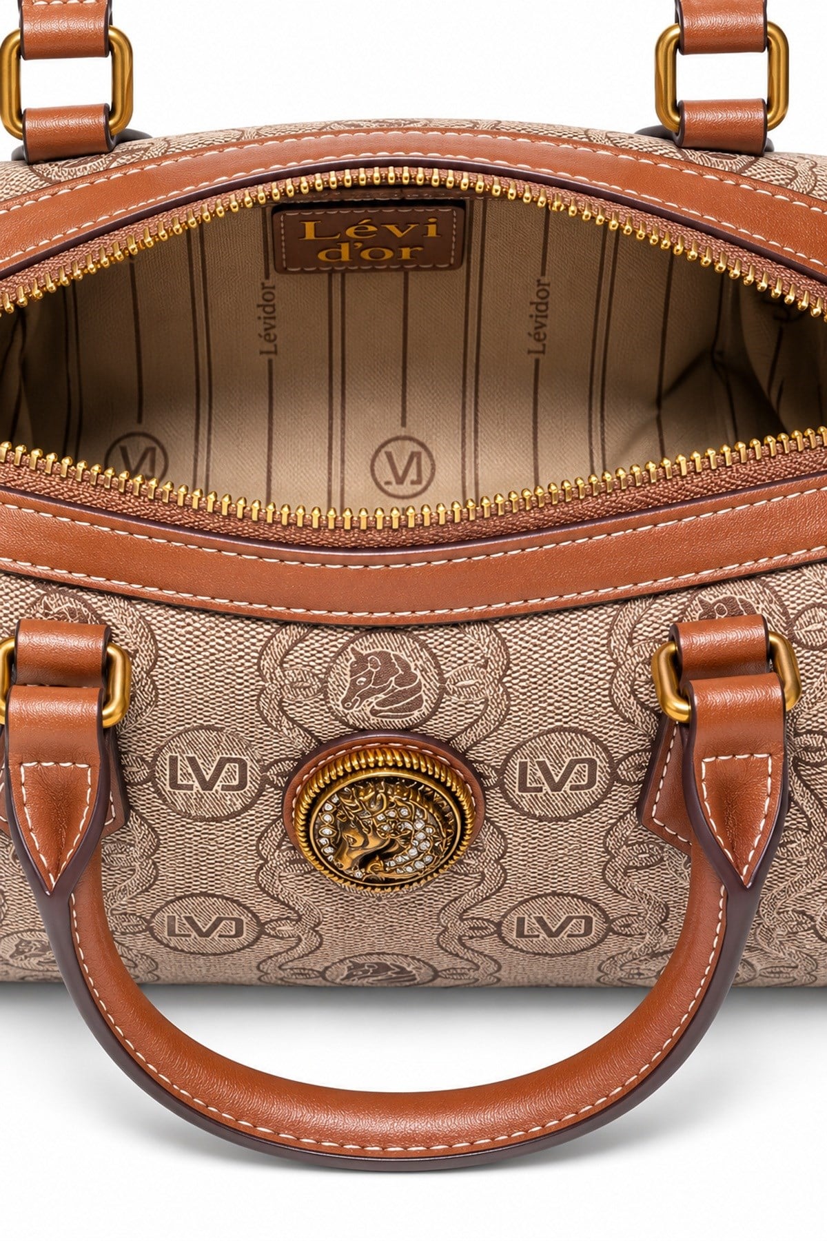 Unicorn Baskılı Logo Detaylı Orta Boy Speedy Tasarım Kadın El ve Omuz Çantası Camel