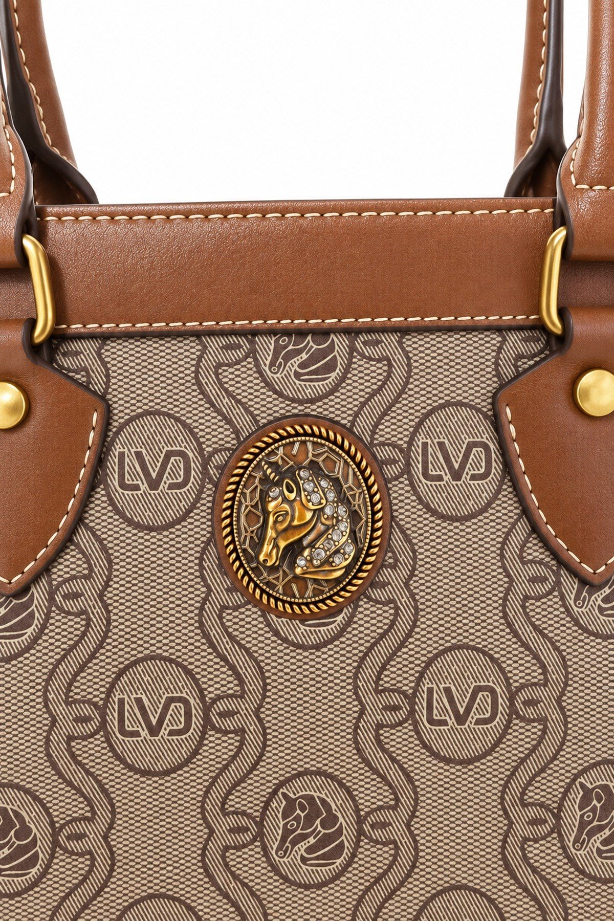 Unicorn Logo Detaylı Monogram Baskılı Şık ve Günlük Kadın El ve Omuz Çantası Camel