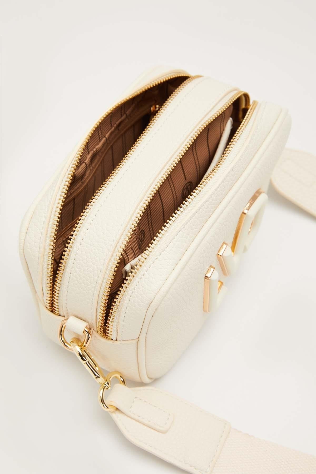 Uzun Askılı Küçük Boy Crossbody Çift Bölmeli Logo Detaylı Kadın Günlük Omuz Çantası Beyaz