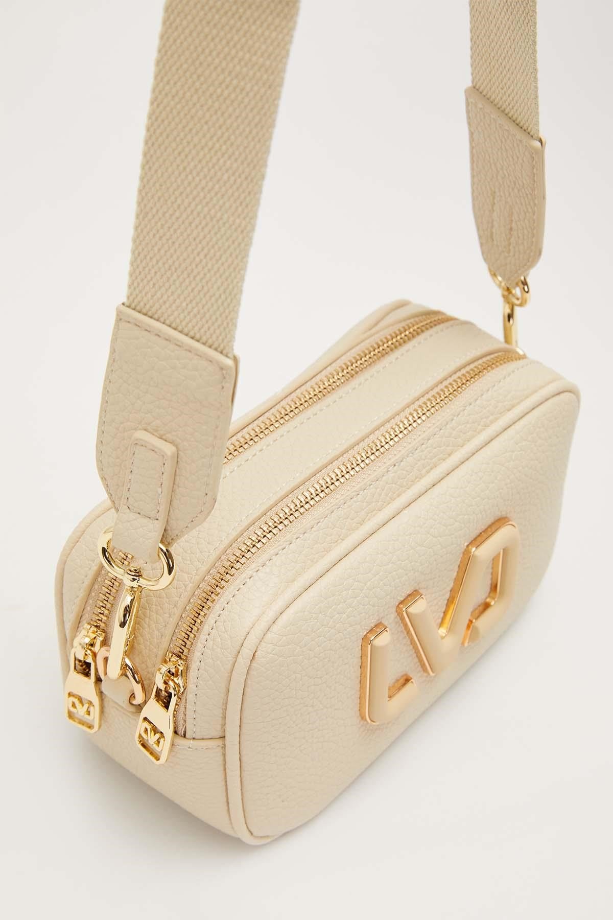 Uzun Askılı Küçük Boy Crossbody Çift Bölmeli Logo Detaylı Kadın Günlük Omuz Çantası Krem
