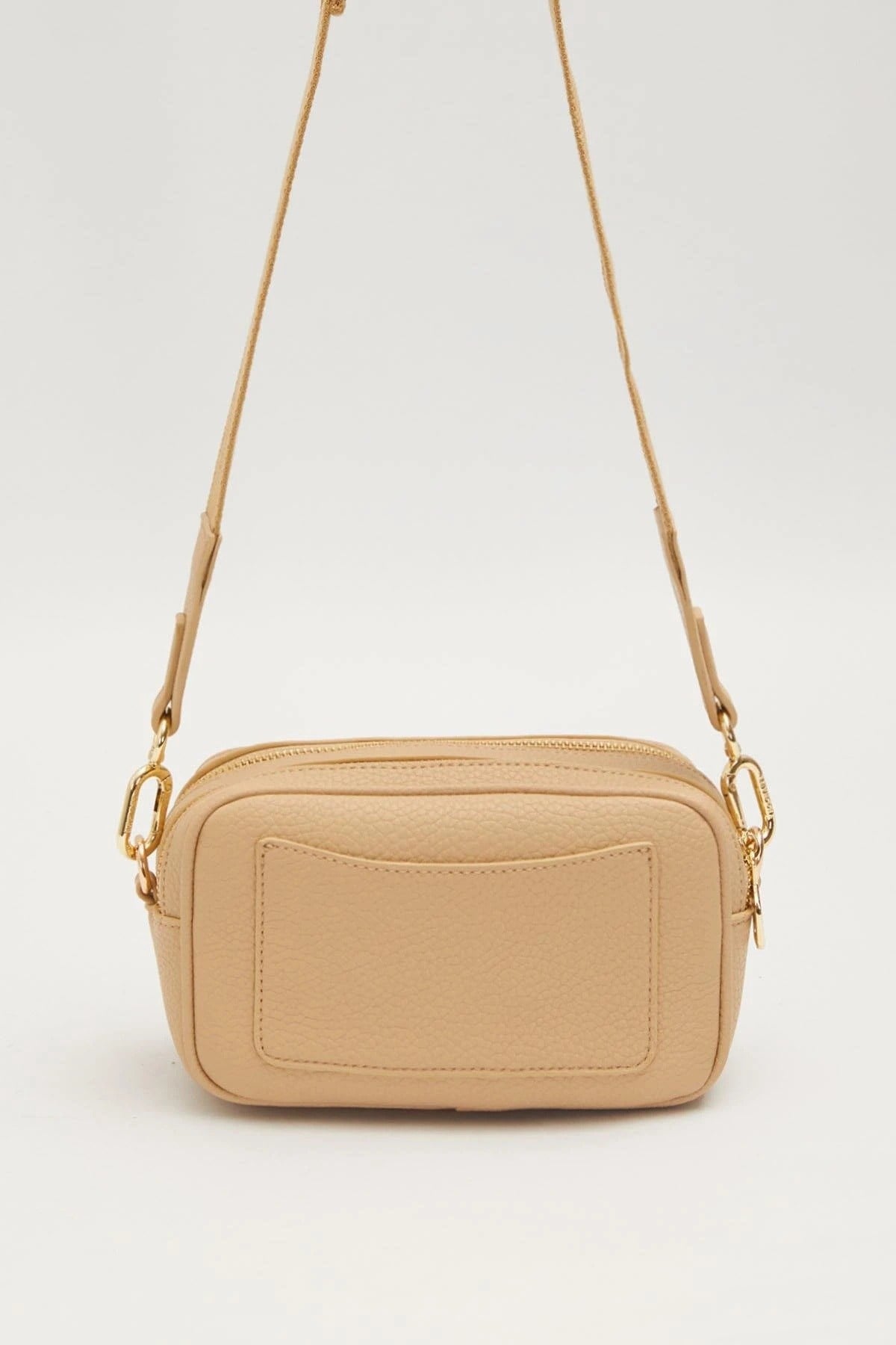 Uzun Askılı Küçük Boy Crossbody Çift Bölmeli Logo Detaylı Kadın Günlük Omuz Çantası Bej