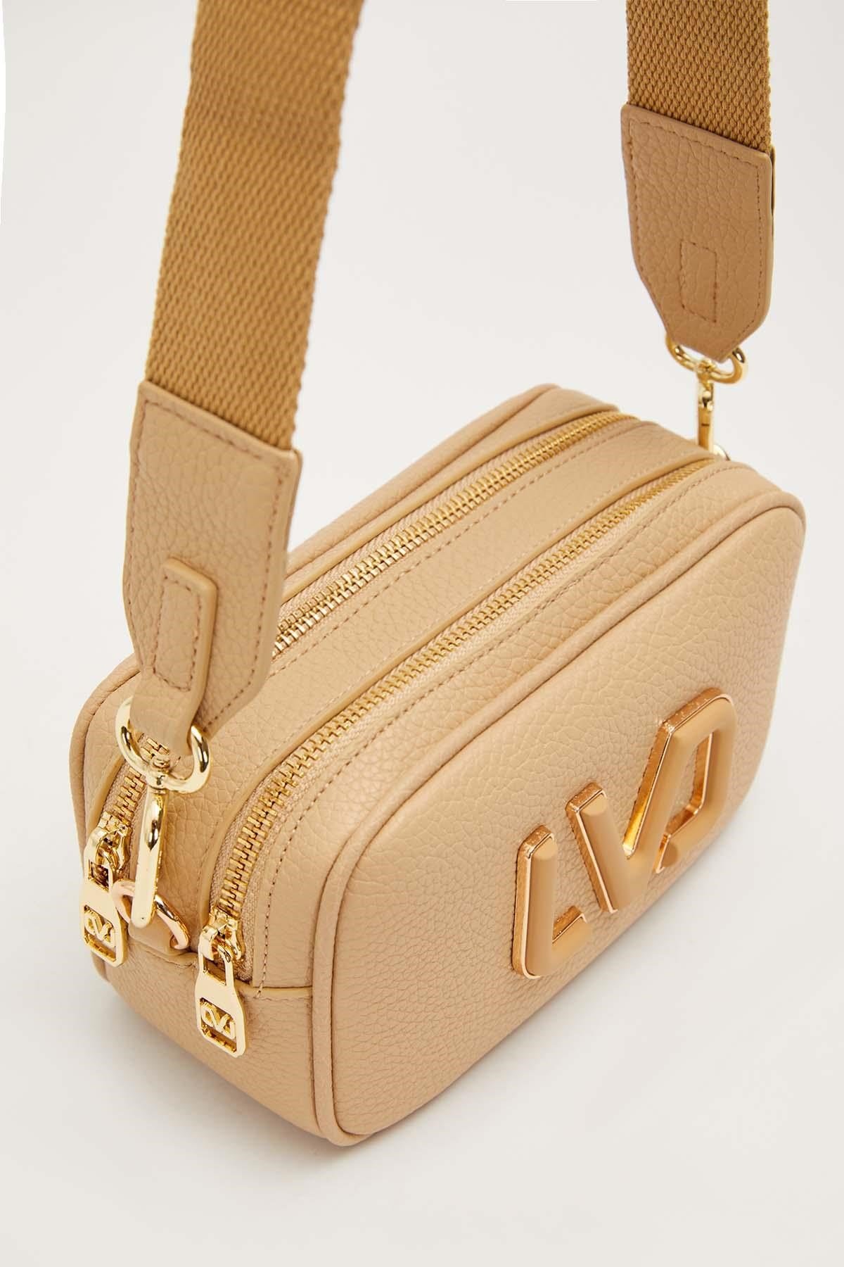 Uzun Askılı Küçük Boy Crossbody Çift Bölmeli Logo Detaylı Kadın Günlük Omuz Çantası Bej