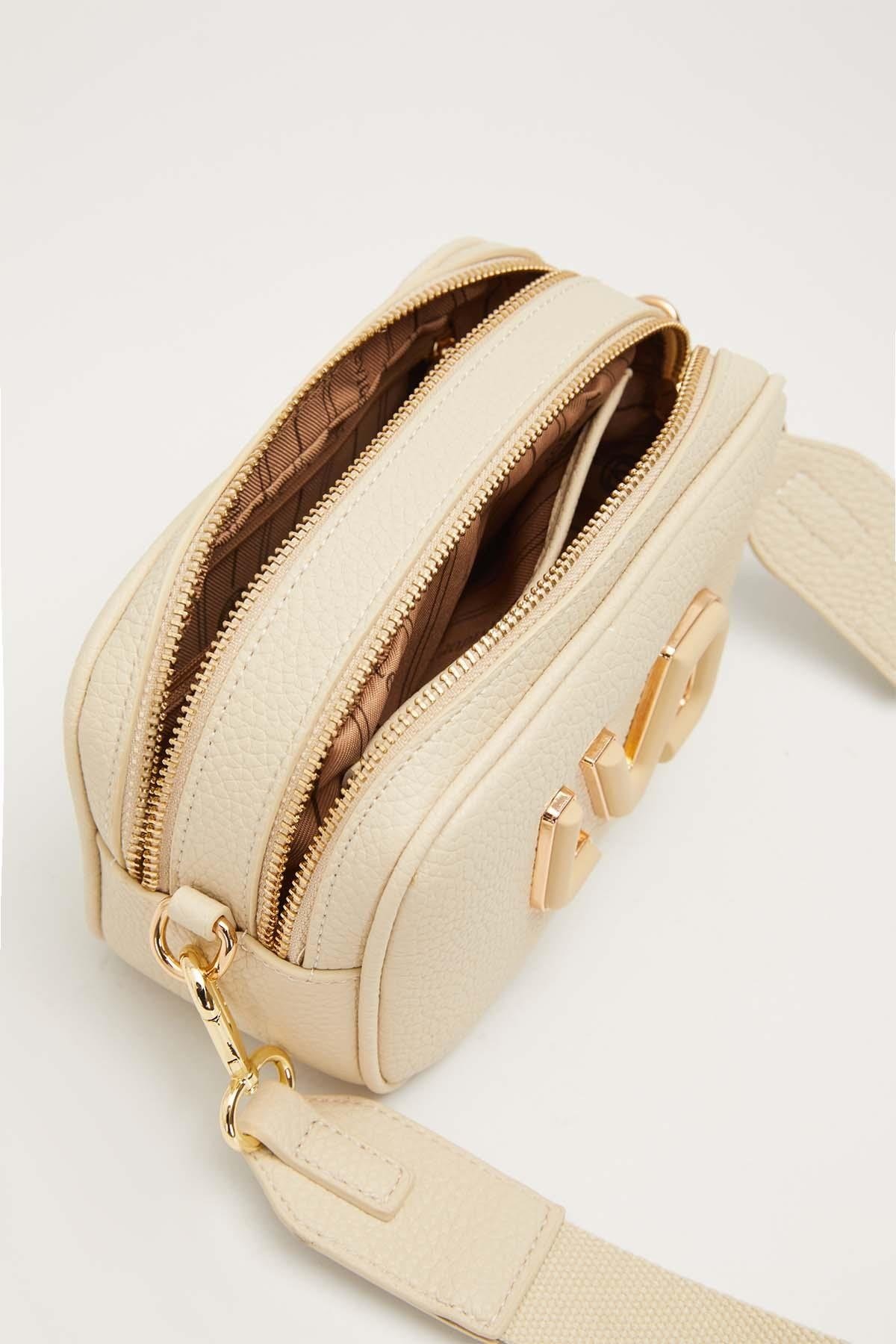 Uzun Askılı Küçük Boy Crossbody Çift Bölmeli Logo Detaylı Kadın Günlük Omuz Çantası Krem