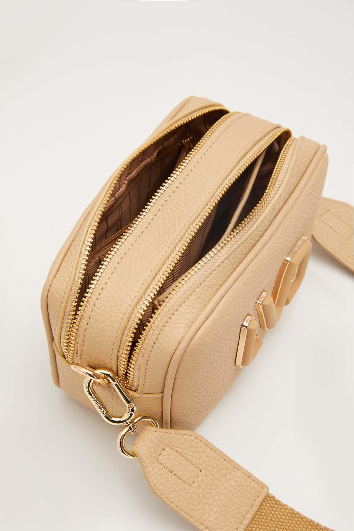 Uzun Askılı Küçük Boy Crossbody Çift Bölmeli Logo Detaylı Kadın Günlük Omuz Çantası Bej