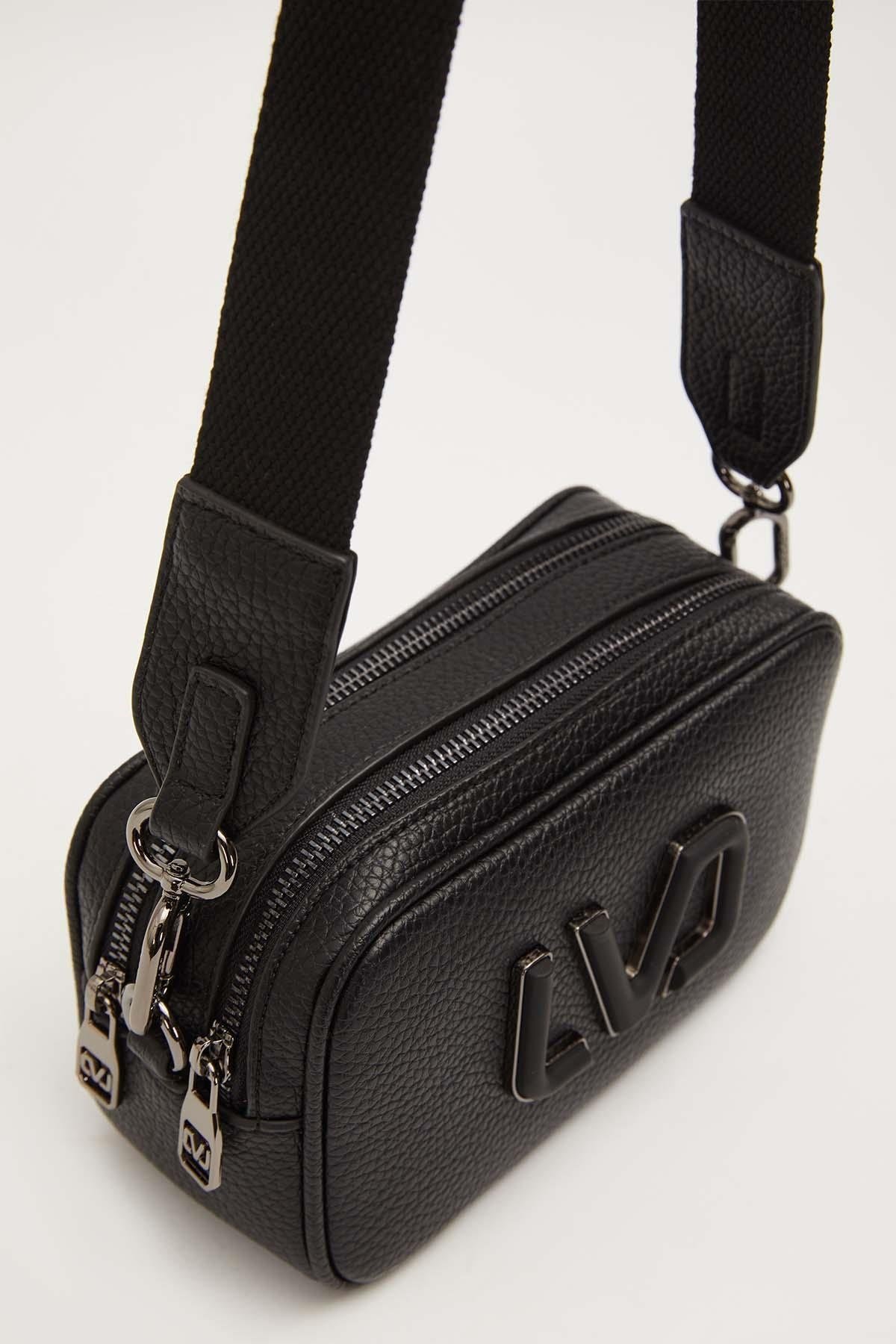Uzun Askılı Küçük Boy Crossbody Çift Bölmeli Logo Detaylı Kadın Günlük Omuz Çantası Siyah