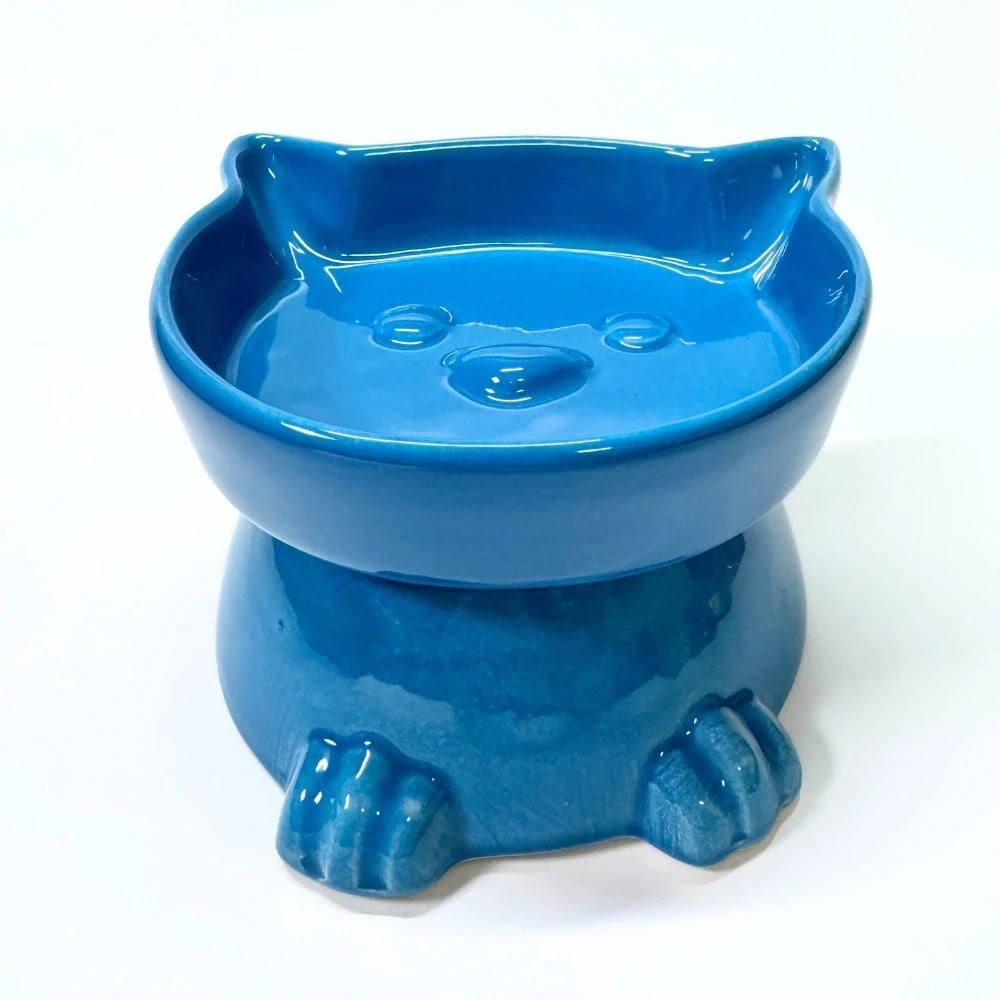  Bikoşu Mama Ayaklı Kedi Kafa Figürlü Seramik Mama Kabı Mavi 300 ml