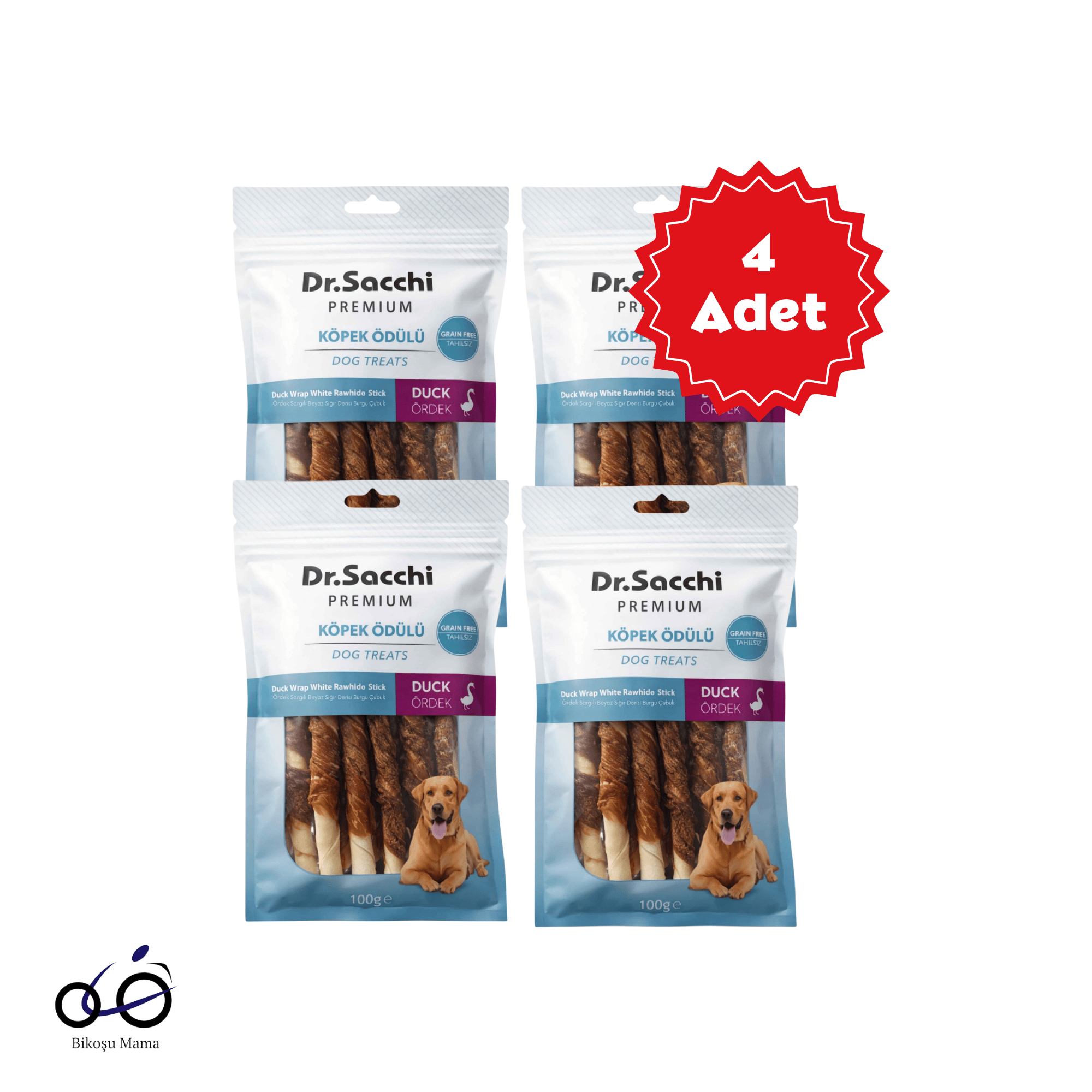  Dr. Sacchi Ördek Sargılı Sığır Derisi Sütlü Burgu Kemik Köpek Ödülü 100 g x 4 Adet
