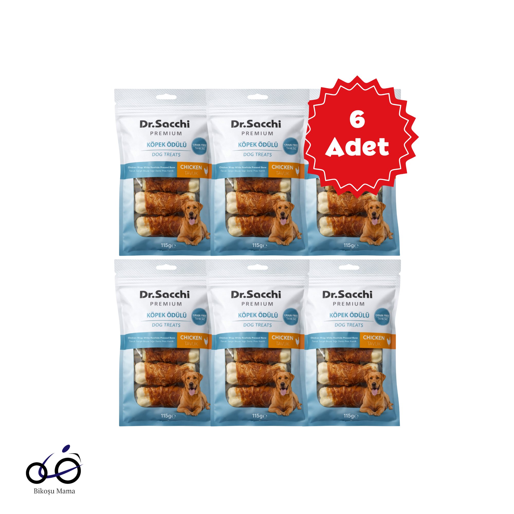  Dr.Sacchi Premium Tavuk Sargılı Beyaz Sığır Derisi Pres Kemik Tahılsız Köpek Ödülü 3” 5'li 115gr 6 Adet