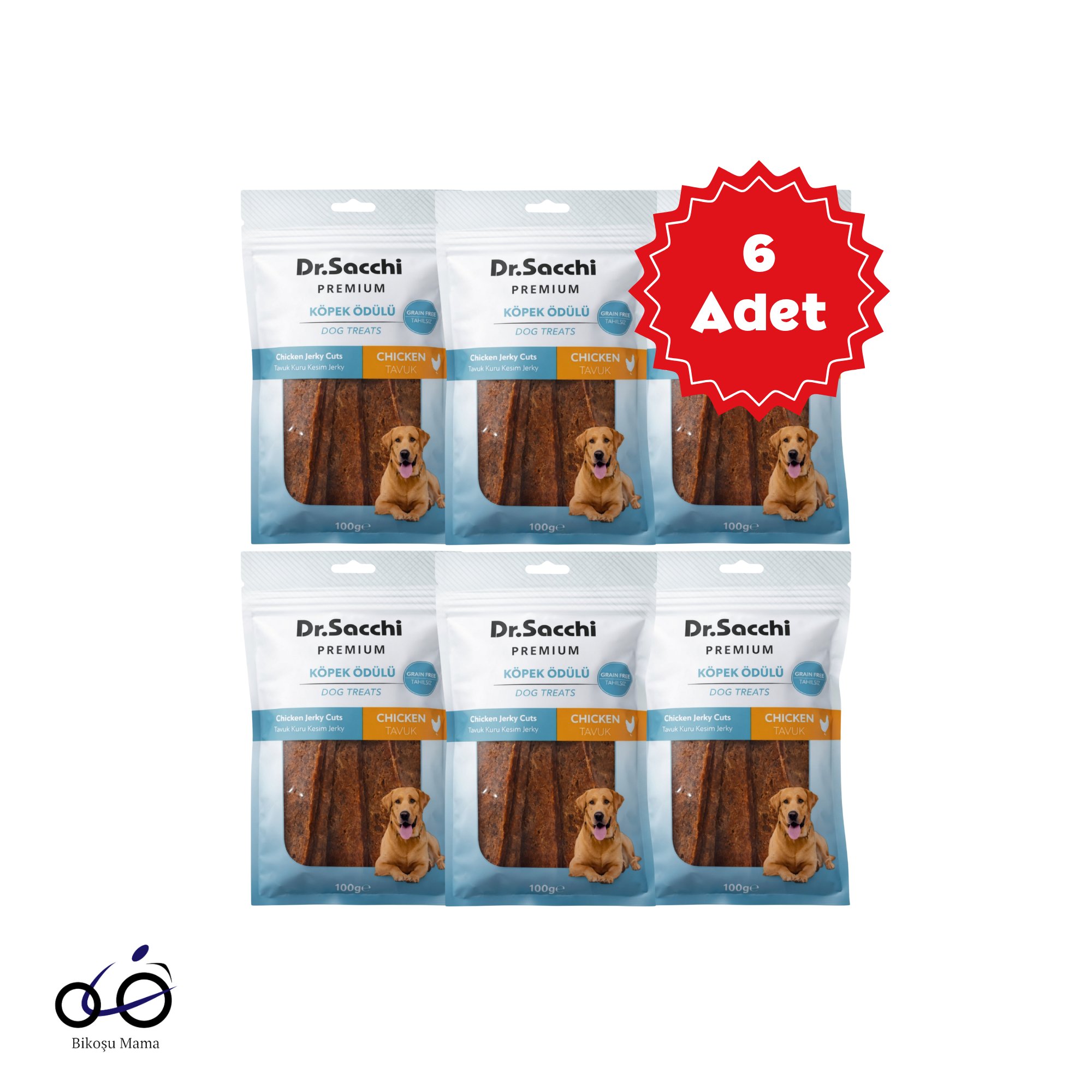  Dr.Sacchi Premium Tavuk Kuru Kesim Jerky Tahılsız Köpek Ödülü 100gr 6 Adet