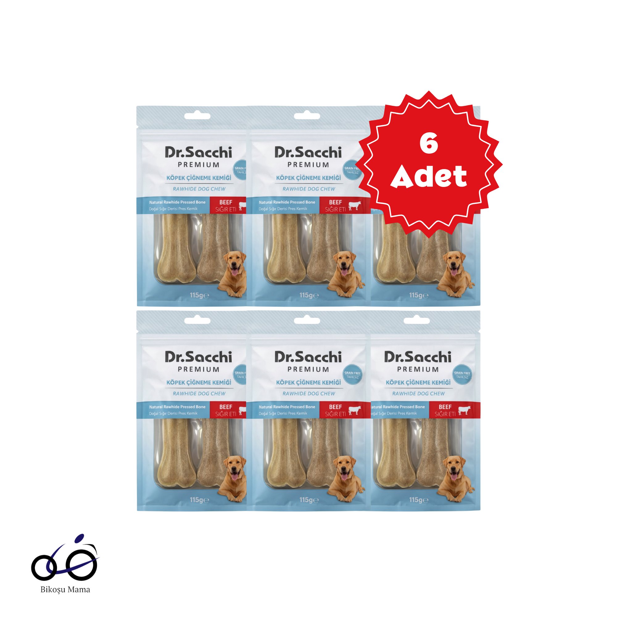  Dr.Sacchi Premium Doğal Sığır Derisi Tahılsız Sığır Etli Köpek Kemiği 5” 2'li 115gr 6 Adet